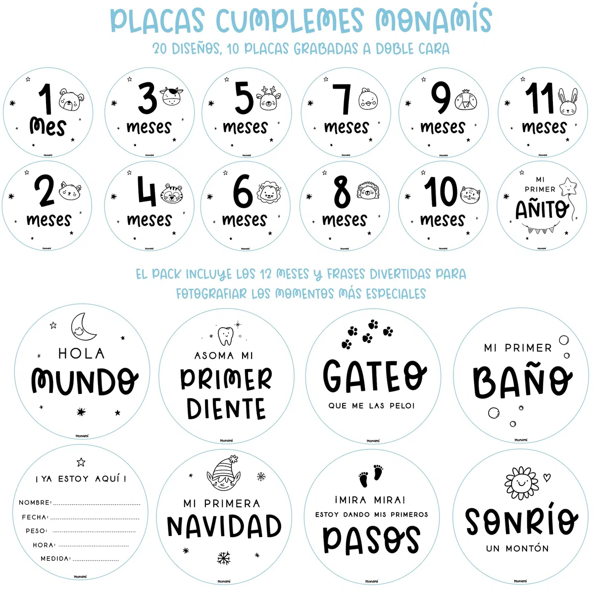 MONAMÍ - Placas Cumple Mes de bebé grabadas en Madera. Incluye 20 diseños Grabados en Madera, Meses y 3 Placas de hitos con 6 Momentos con Frases Divertidas. Diseñado y producido en España