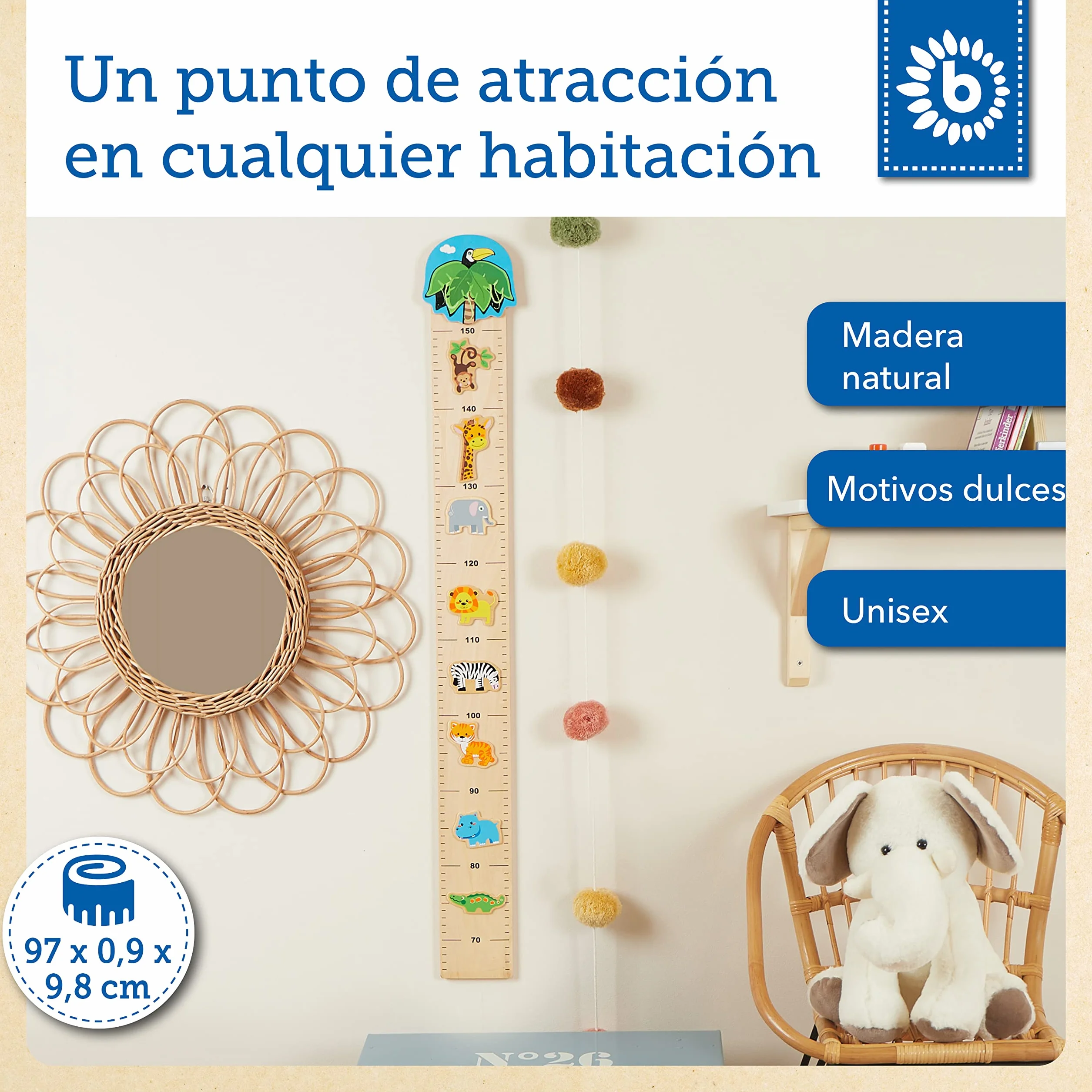 Bieco liston madera medidor altura niños pared vinilo decoracion habitacion infantil