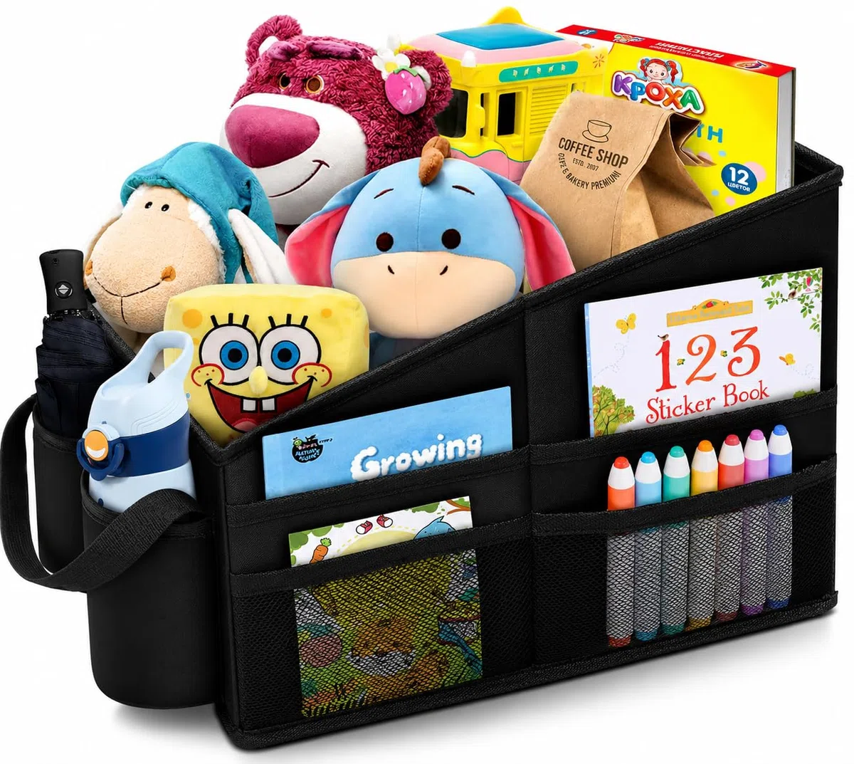 WOCVRYY Organizador Maletero Coche para Asiento Delantero Trasero y Maletero Plegable con Compartimentos y Bolsillos de Malla con Portavasos para Guardar Juguetes Mapas Juegos y Más