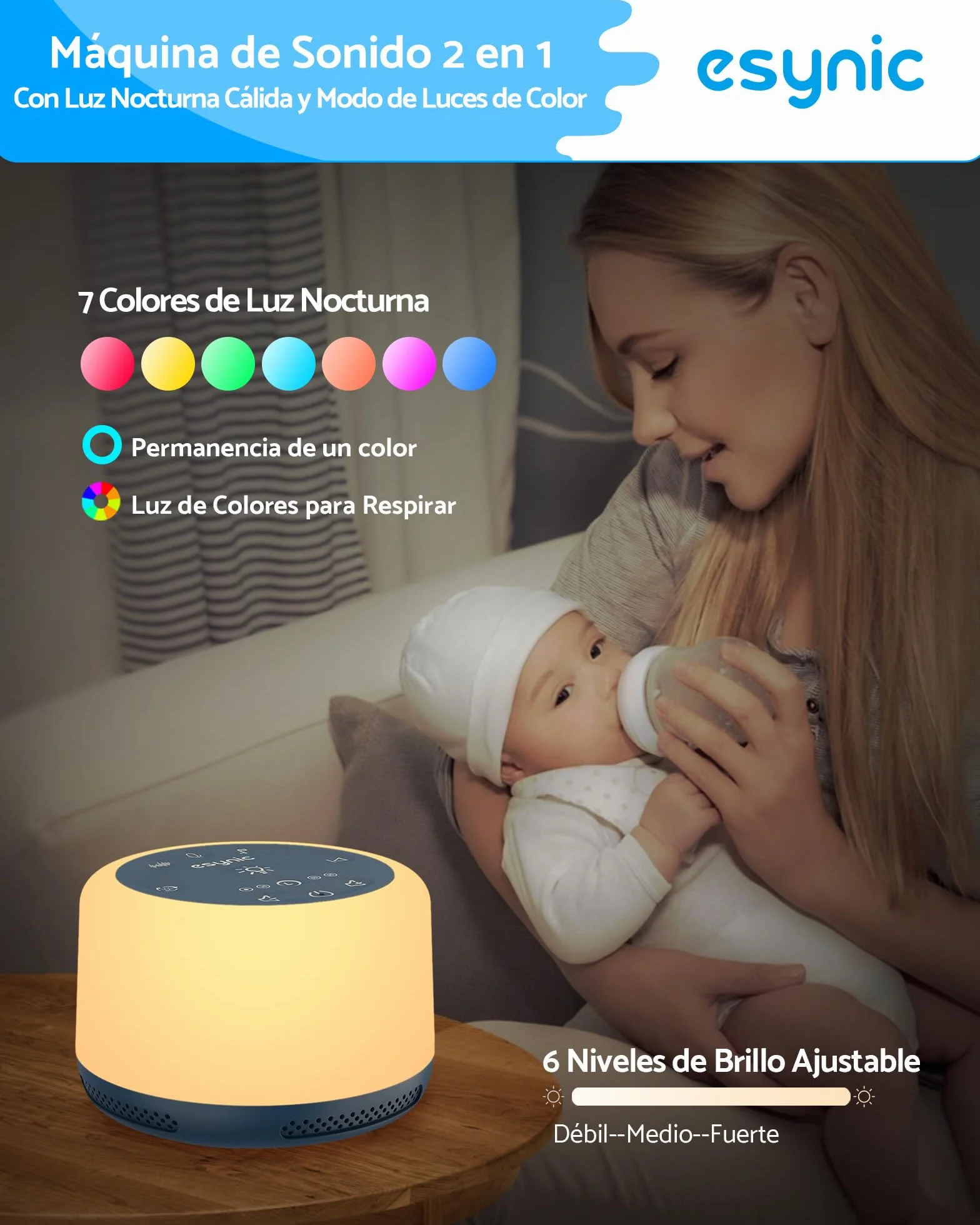 eSynic Máquina de Ruido Blanco Portátil para Dormir Bebé 30 Sonidos Relajantes Luz Nocturna Temporizador Batería