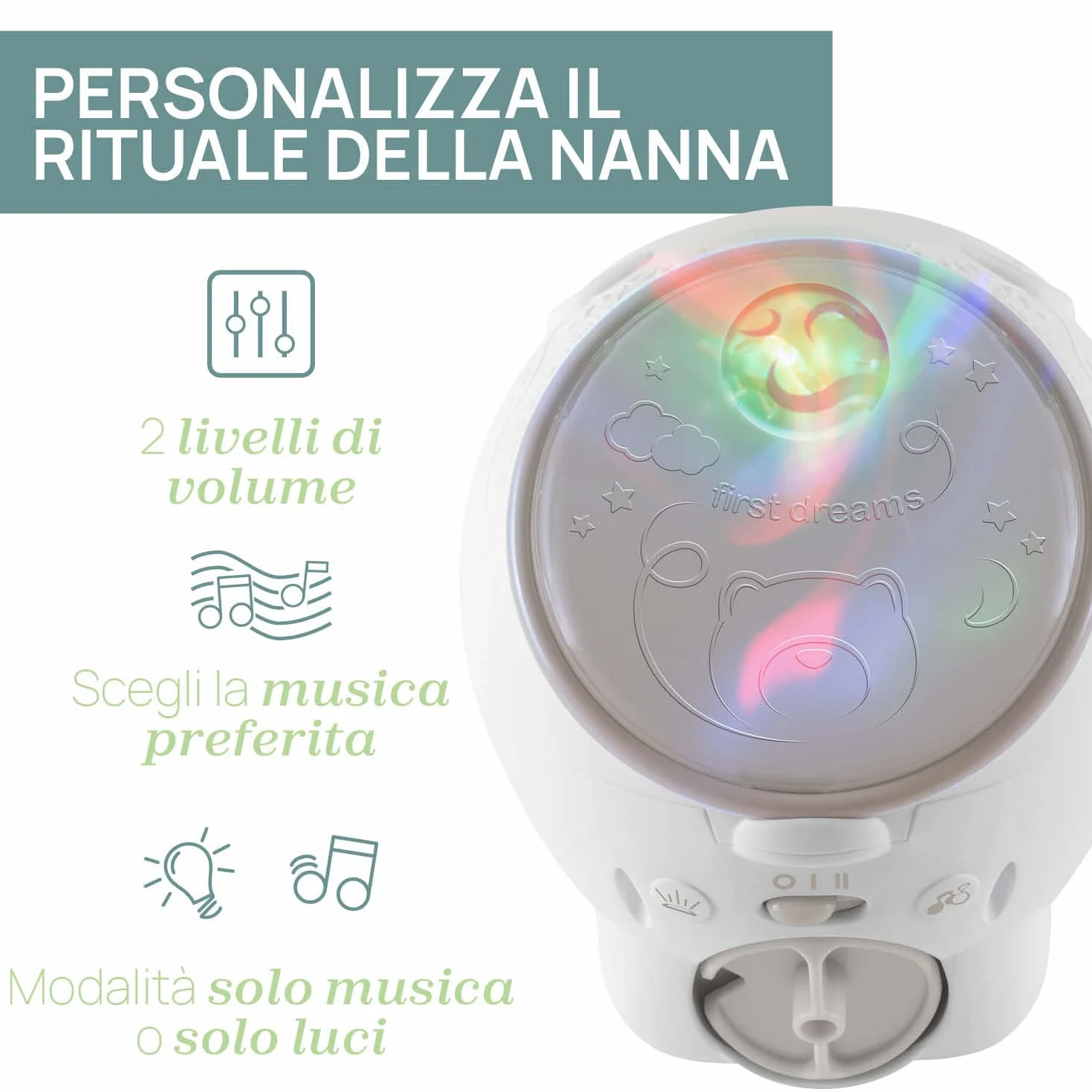 Chicco Proyector Oso Polar 2en1, Proyección Aurora Boreal, 30 Minutos Música Clásica, Sonidos Naturaleza, +0 Meses, Beige