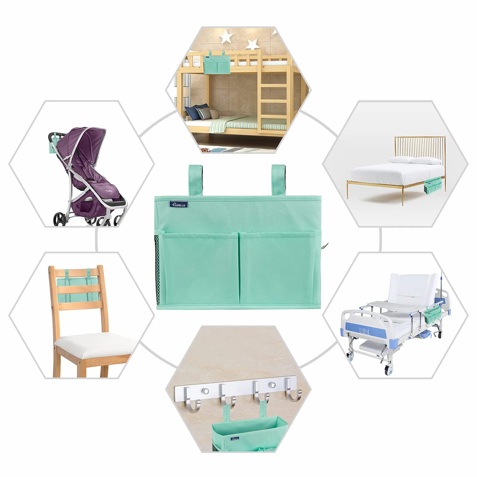 Surblue Bedside Caddy Colgante Bolsa de Almacenamiento 4 bolsillos 2 ganchos Verde