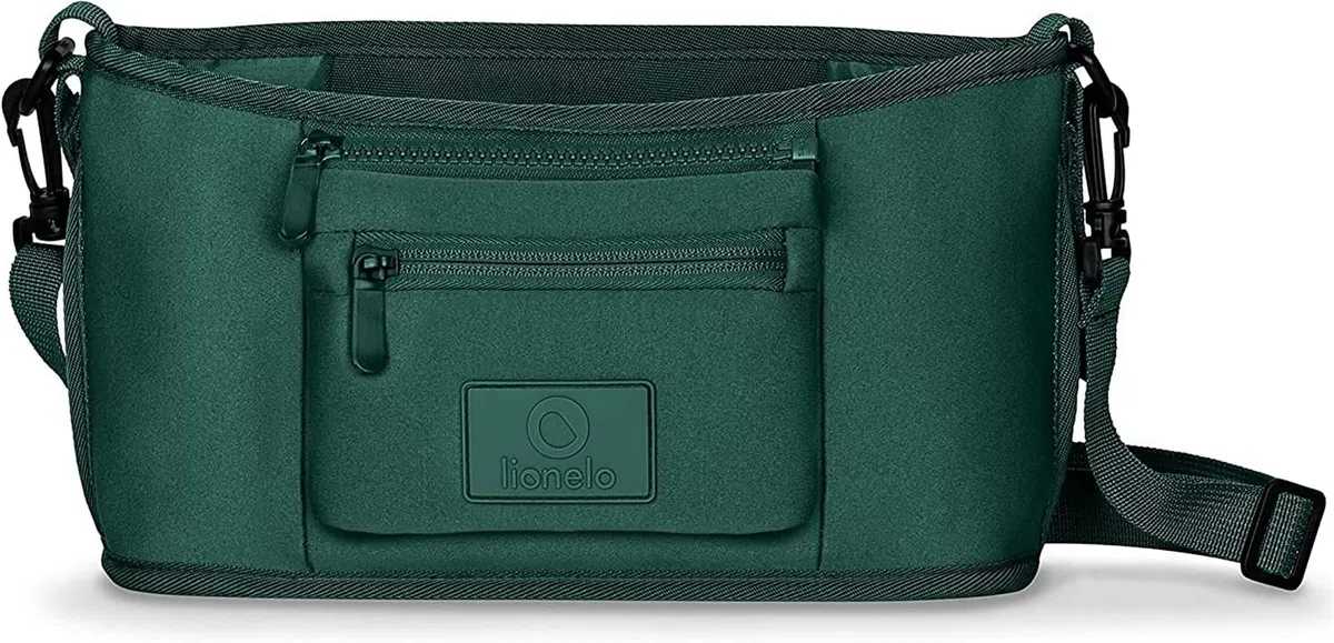 LIONELO Little Cube - Organizador de cochecito de bebé con dos bolsillos para botellas, fácil y rápido, impermeable y duradero, bolsa de hombro, fondo reforzado, bolsa para objetos pequeños (verde)