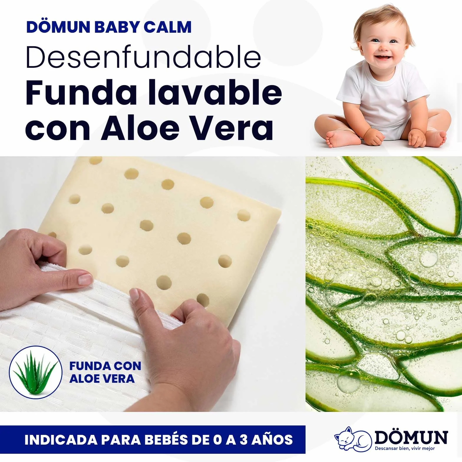 Almohada Viscoelastica Bebé DÖMUN Baby Calm, Cojin Plagiocefalia Antiahogo Antireflujo Transpirable 0-3 Años