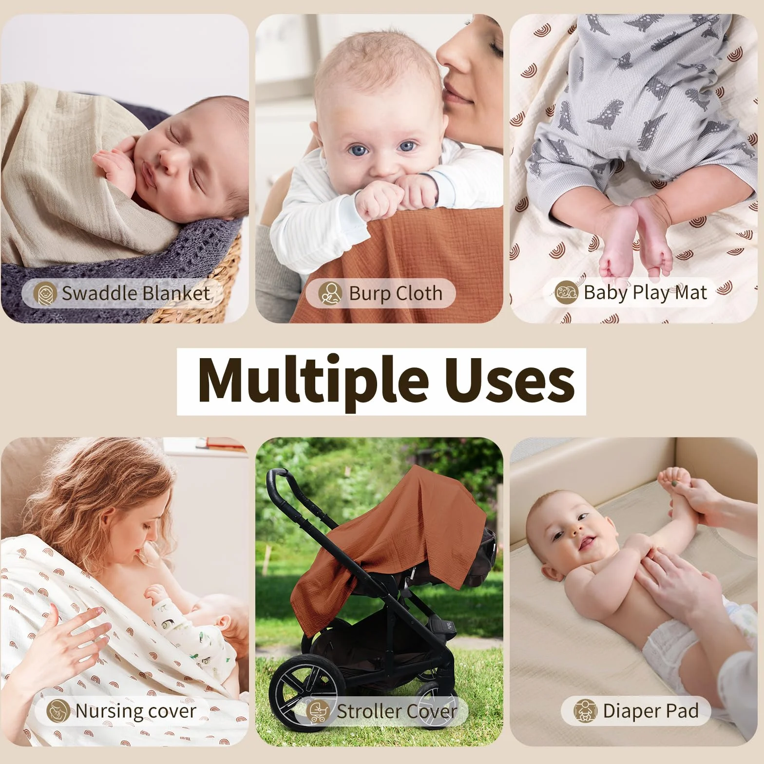 Muselina Manta Bebé 100x100cm, 3 Piezas Grande Mantas Swaddle de Muselina de Algodón, Suave & Respirable Manta Envolvente Bebe para Recién Nacidas, Unisexo (Arcoíris)