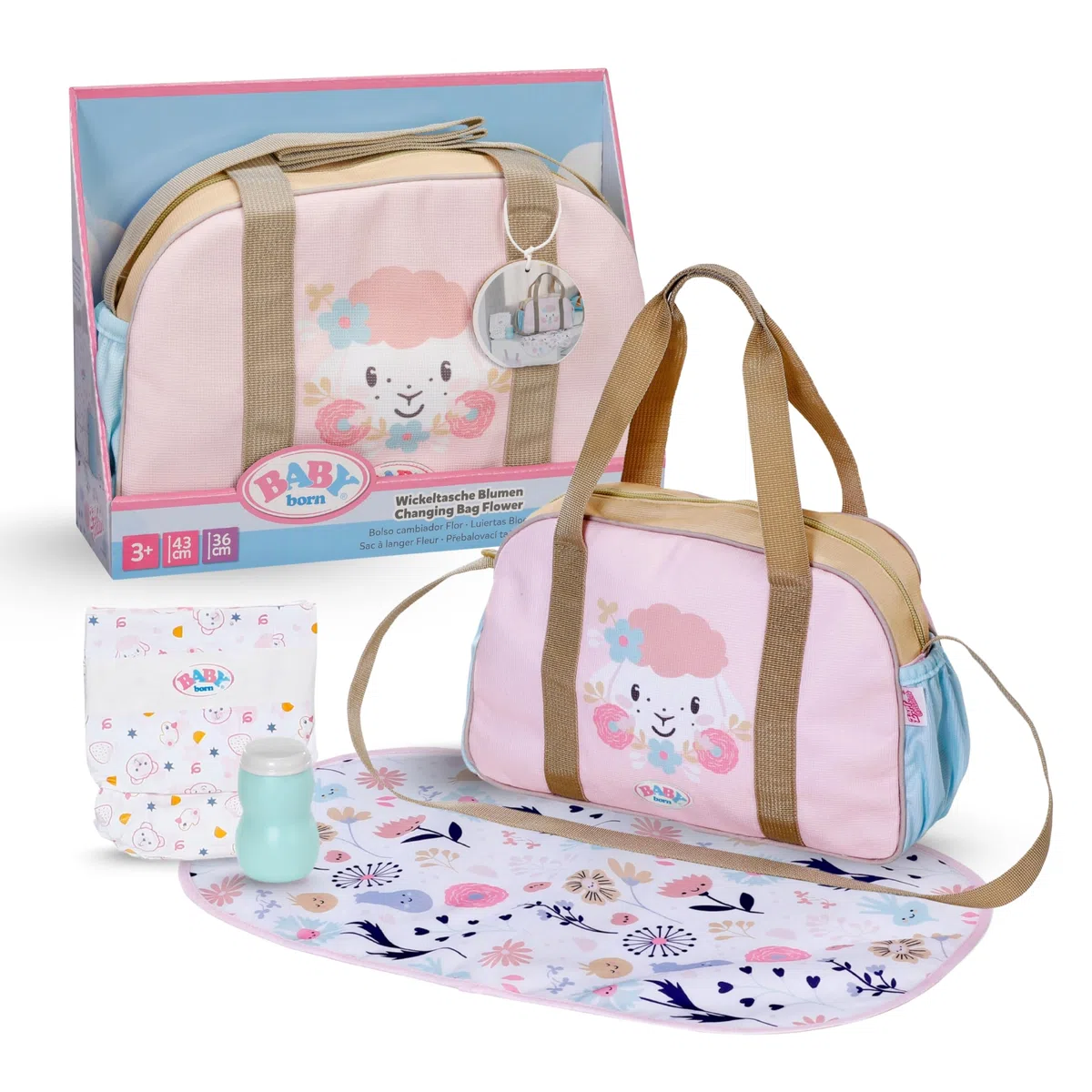 Baby Born Bolso cambiador – Bolso para muñecas con diseño floral – Incluye cambiador, pañal & bote de talco – Accesorio para muñecas de 36 cm & 43 cm