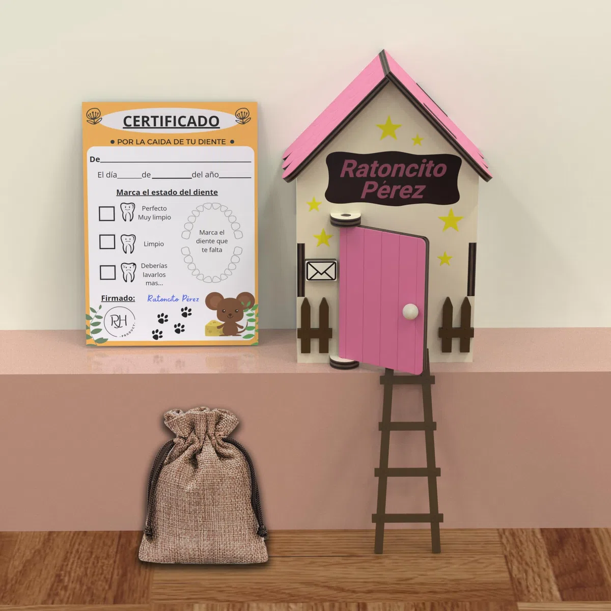 Puerta ratoncito perez - Casita ratoncito perez - Caja de dientes de leche para niños - Cajita dientes ratoncito perez - caja para dientes de leche - Casa ratoncito perez puerta magica - Madera - Rosa