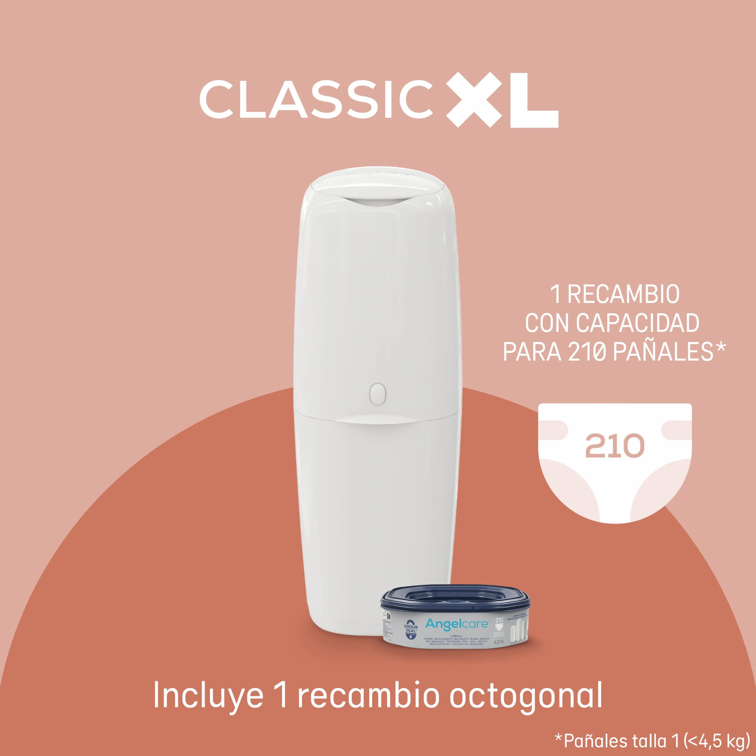 Angelcare Cubo para pañales Classic XL repuesto octogonal alta capacidad resistente olores 210 pañales talla 1