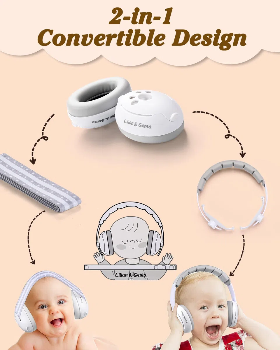 Lilian&Gema 2 en 1 Cascos Bebe Antiruido-Protectores auditivos para bebés,Diadema Ajustable, Antideslizante y sin Presión.Protección auditiva ideal para bebés de hasta 48 meses de edad