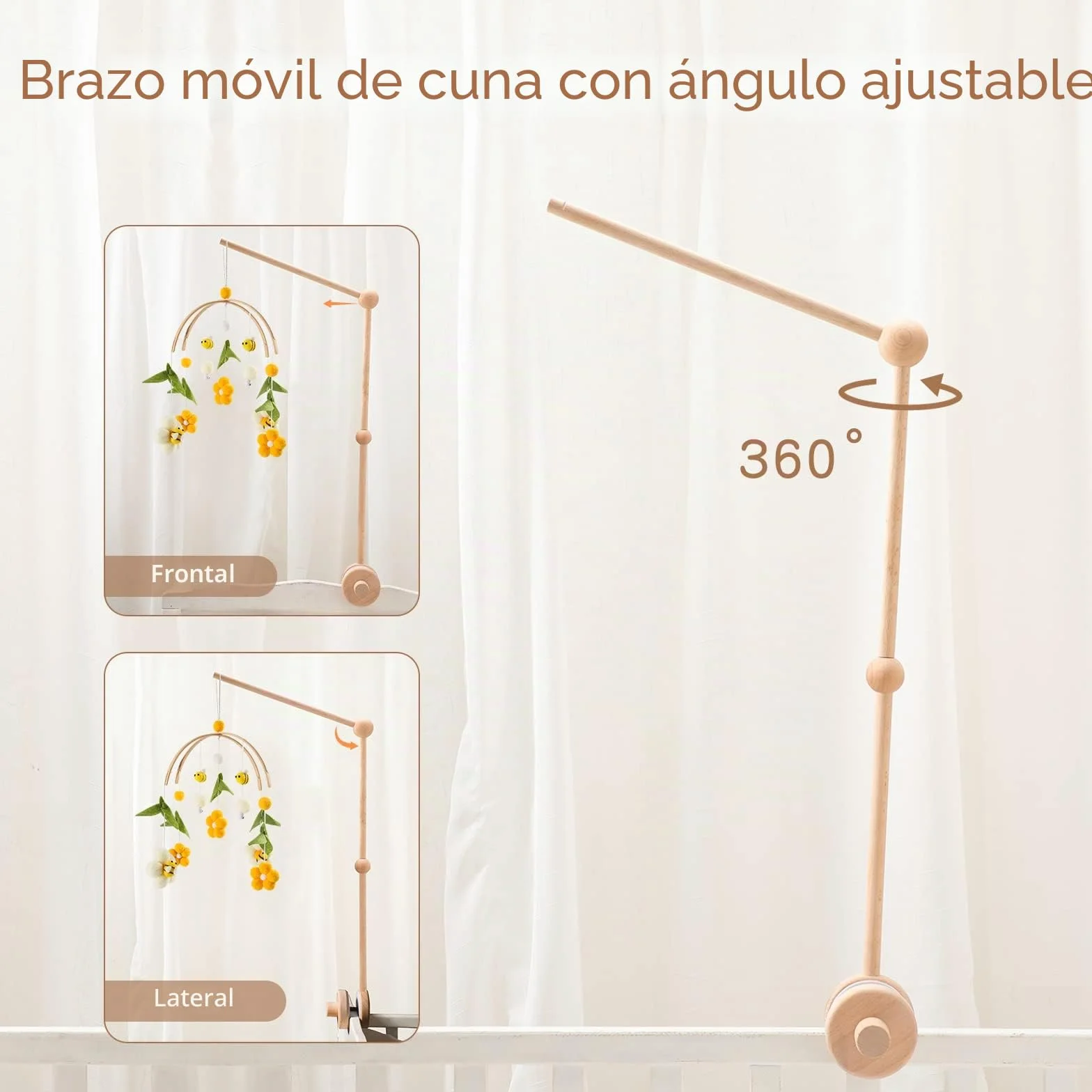 Youuys Soporte de Móvil de Madera para Cuna de Bebé, Brazo Regulable en Altura para Cama Campanas Carillones