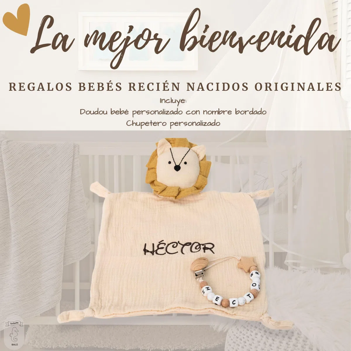 Doudou Bebé Personalizado con Nombre Bordado + Chupetero Madera | Algodón Orgánico 26x26 cm | Apto para Recién Nacidos, Hipoalergénico y Lavable | Regalo Bebé Personalizado Ideal (LEÓN)
