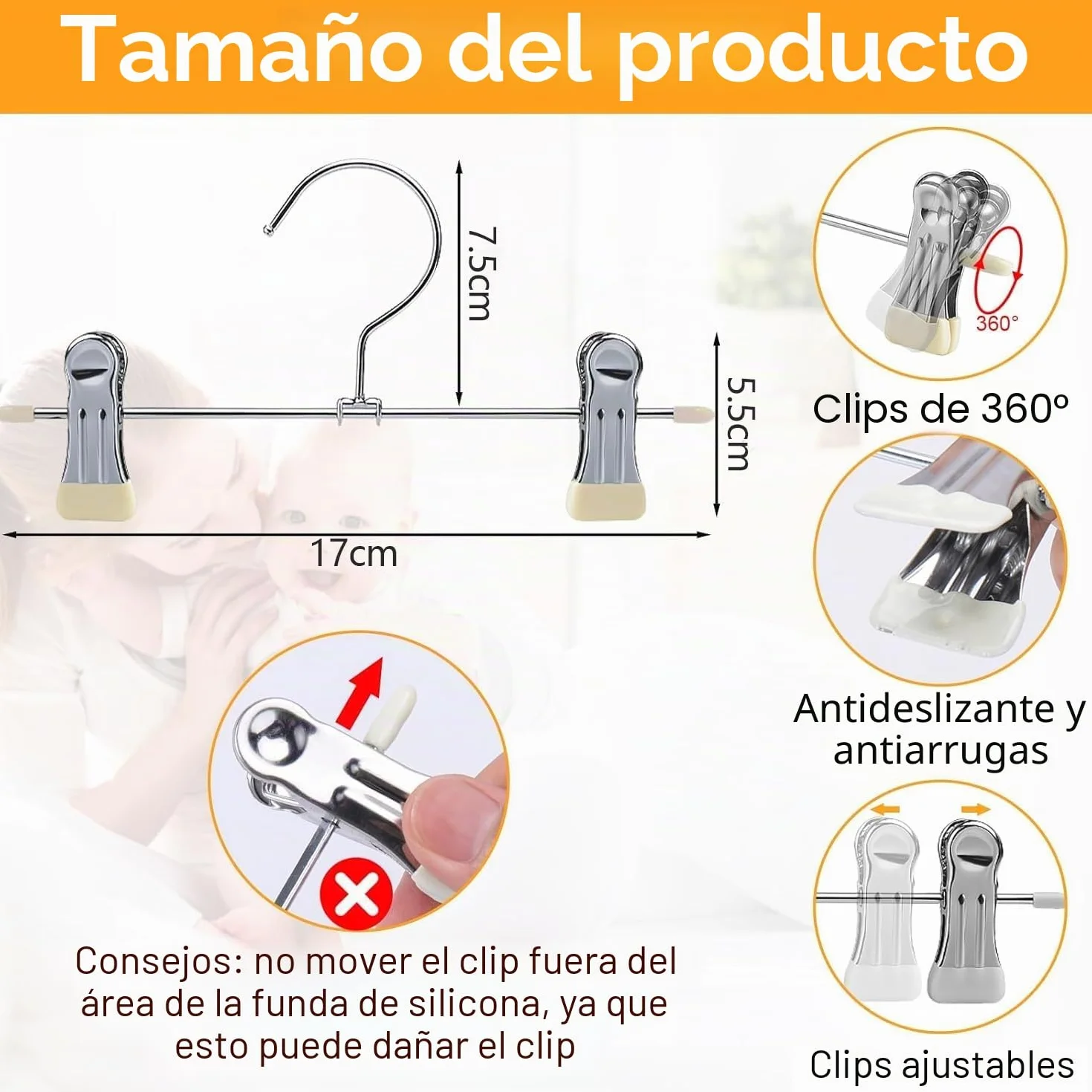 Perchas Bebe 17 cm Metal con Pinzas Antideslizantes 20 Unidades Ahorran Espacio