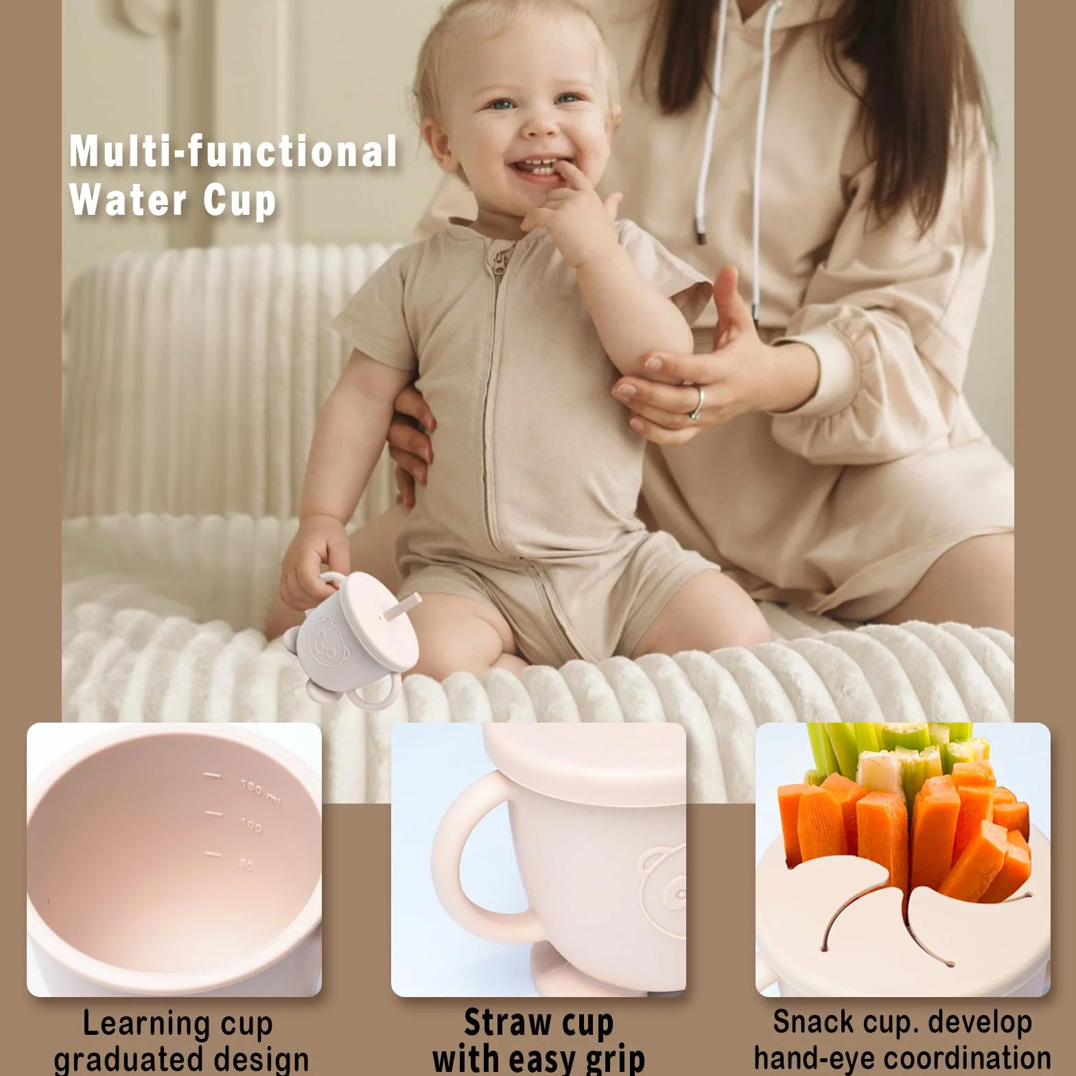 Vajilla Bebe Silicone, 10 Piezas Cubiertos, Antideslizante Con Plato Bebe Ventosa Vasito Cuchara Babero, Vajilla Aprendizaje Comer Destete (Beige)