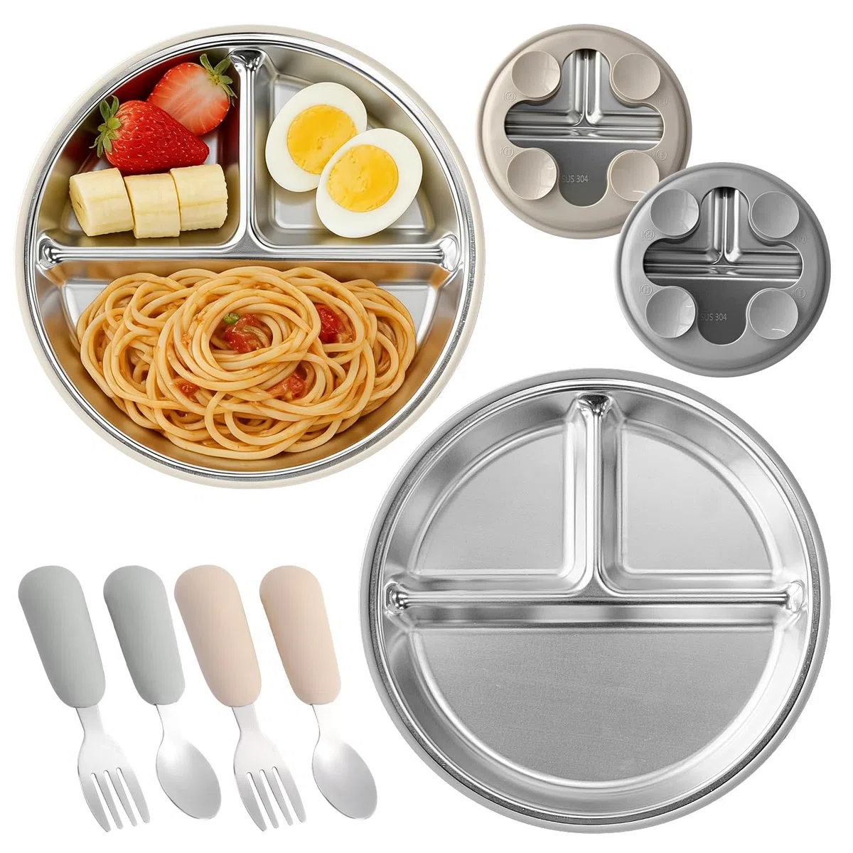 2 PièCes Assiettes En Acier Inoxydable Avec Ventouse BéBé Avec Un Lot De 2 CuillèRes Et Fourchettes, Ustensiles Pour Tout-Petits, Set Repas AntidéRapant Pour BéBéS Et Tout-Petits (Gris + Beige)