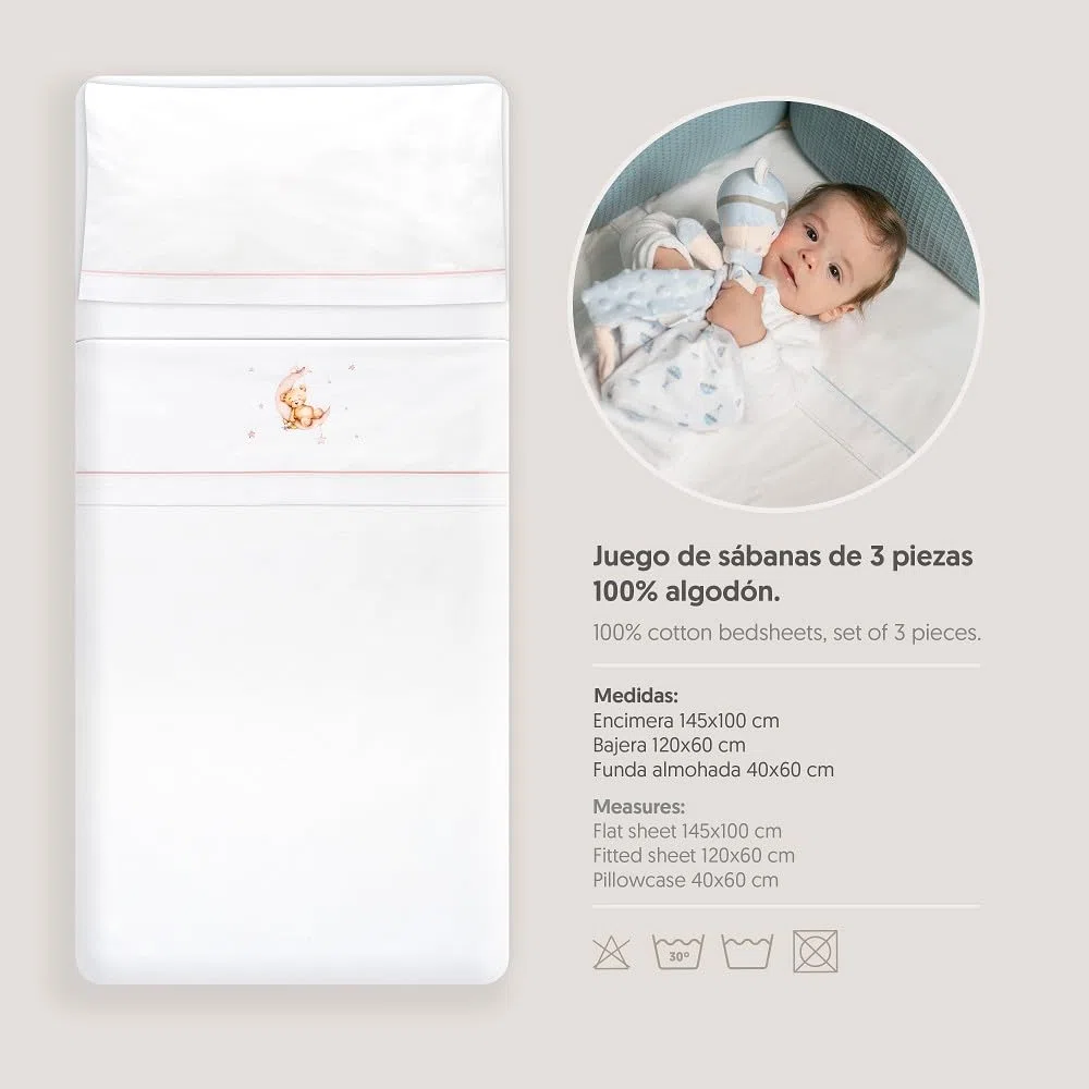 Danielstore Sabanas Cuna 60x120 Algodon 100% Bebé-Primavera- Verano- Otoño Fabricadas en España (Incluye Sabana Bajera+encimera+Funda Almohada). (0.0.0 Oso Luna Rosa)