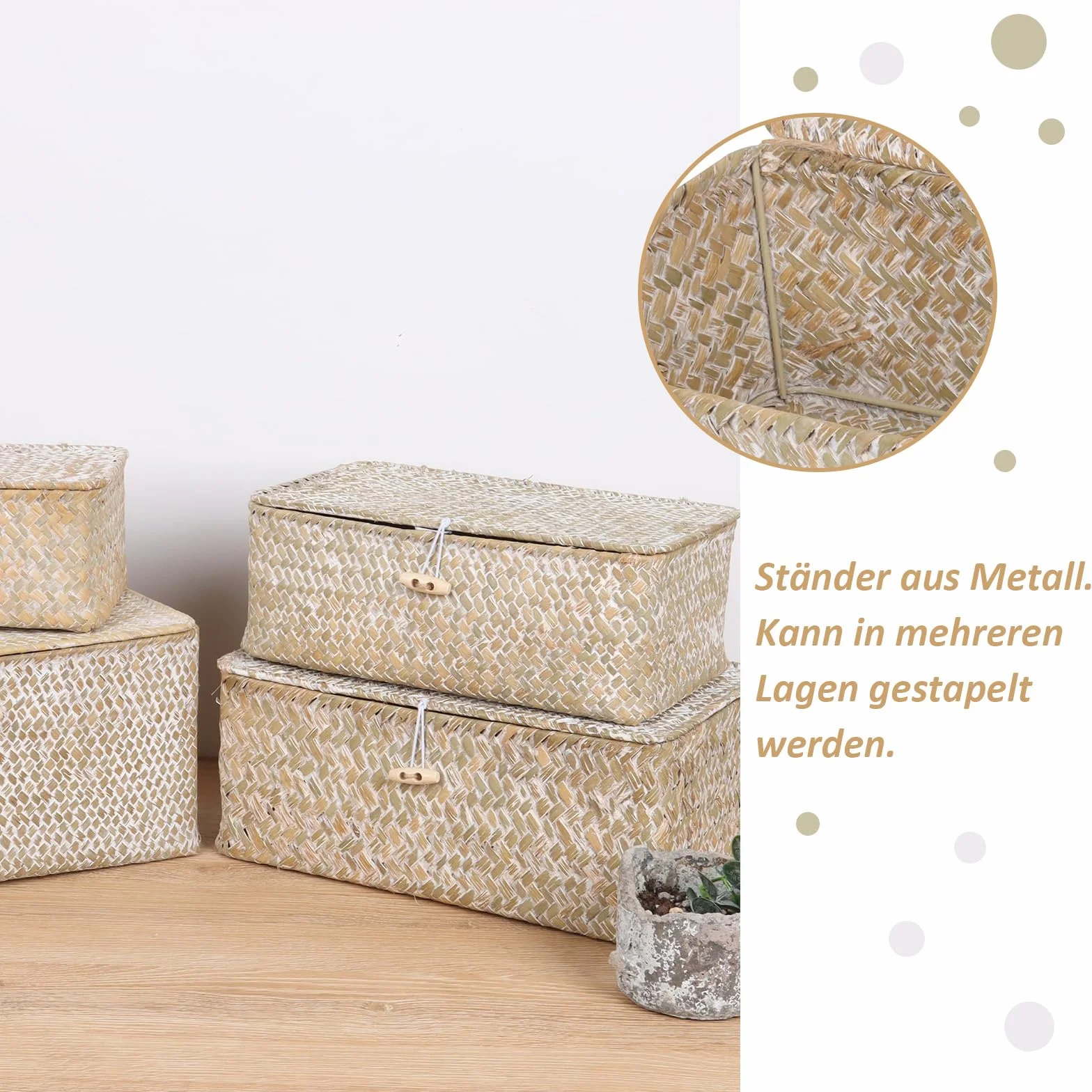 Cesta de Almacenamiento de Mimbre Tejida de Ratán con Tapas, Organizador Multifuncional, Contenedores de Hierba Marina, para Estanterías (M, Naranja)
