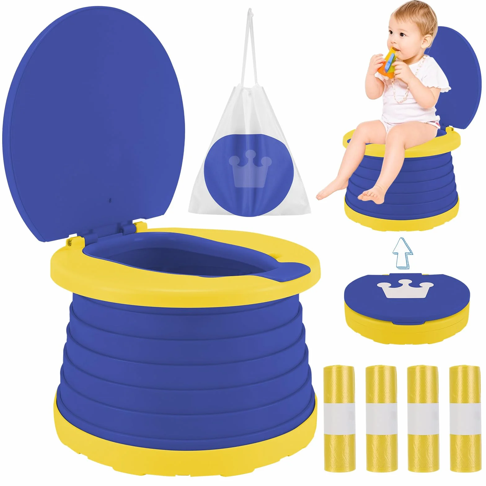 WC Portatil Niños Orinal Plegable Vater Inodoro Plegable Orinales Infantiles Bacio Portátil Urinal Potty Training Niño Penico Vasenilla Niña + 60PCS Bolsas Orinal Portatil para Viaje Camping (Azul)