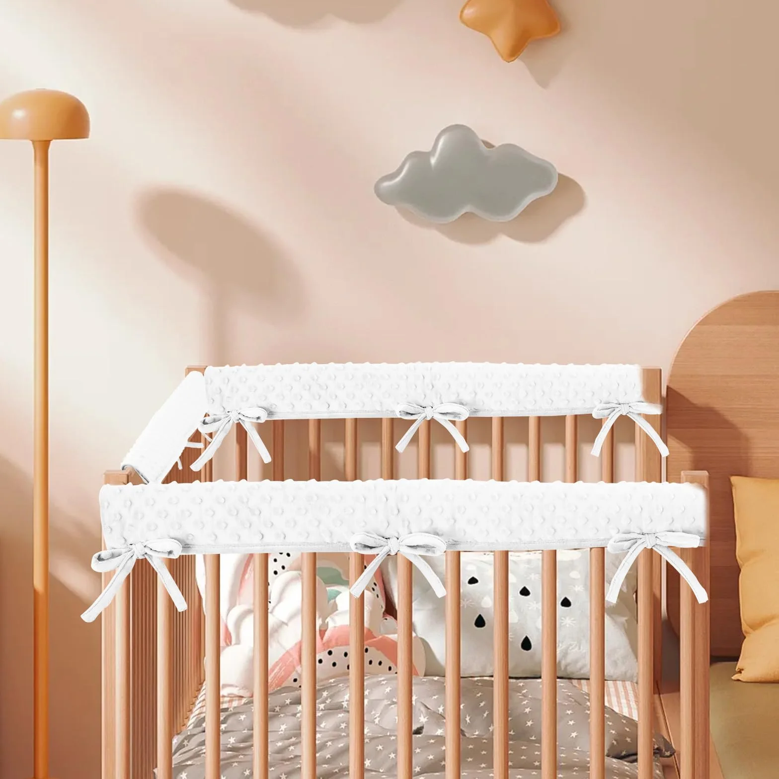 Protector de borde de cama para cunas, protección para marco de cama, borde de cuna, reborde de cuna, extraíble, lavable, protector de bordes y protección de esquinas (blanco)