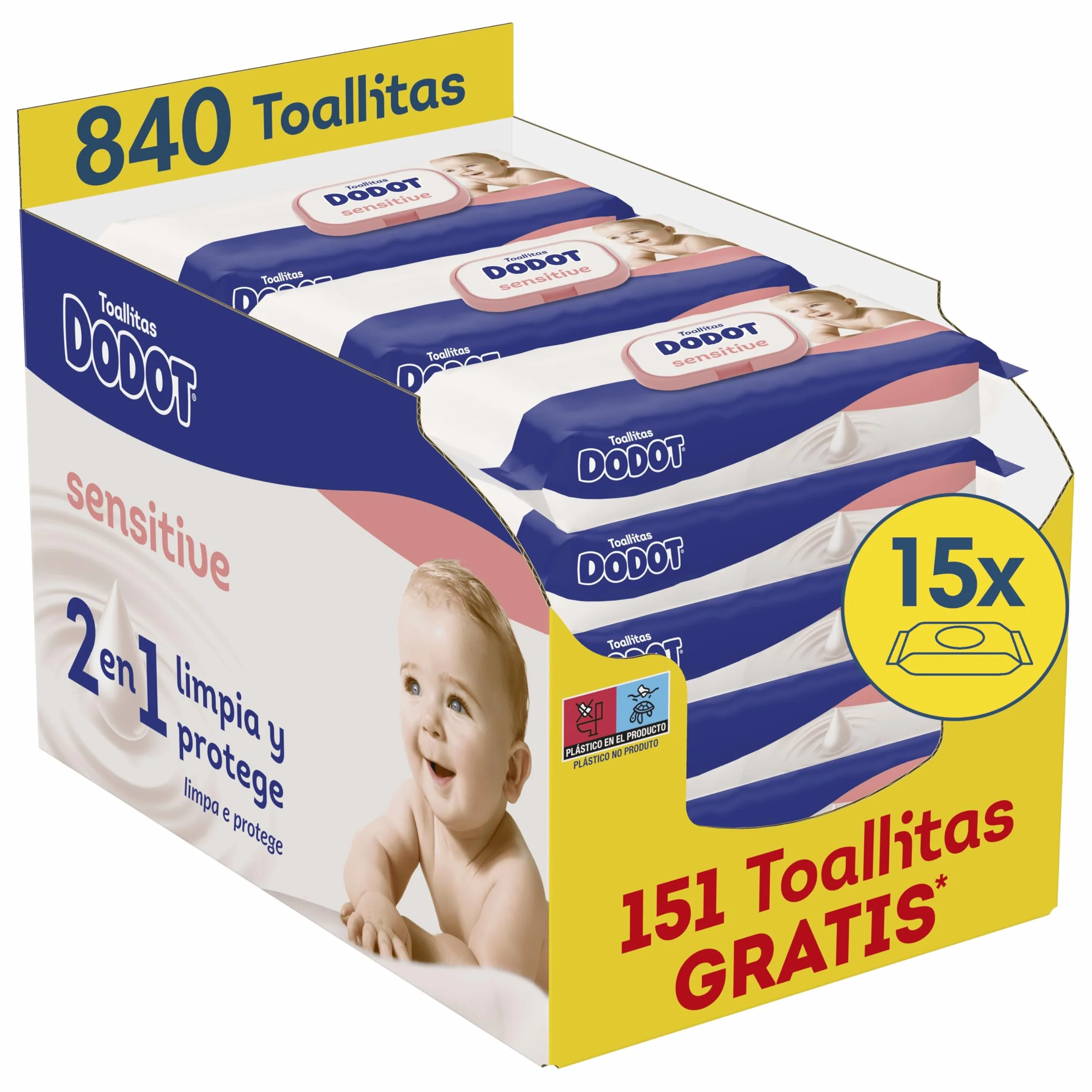 Dodot Toallitas Sensitive para Bebé, 840 Unidades, 15 Paquetes