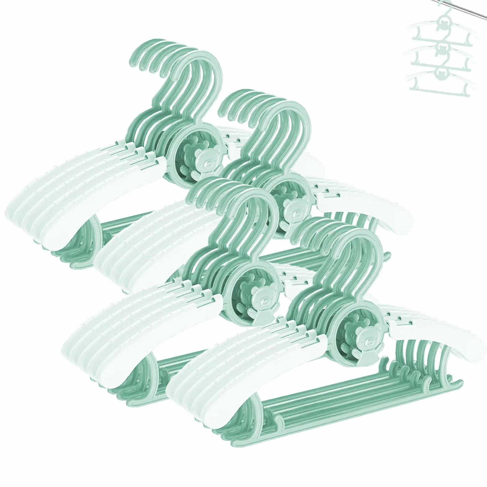 HGYZE - Muletas para niños, para el Armario de recién Nacido y niño y niña, 20 Perchas apilables con Gancho para Osito, Ajustables y Antideslizantes, Perchas para Ropa, Ahorro de Espacio (Verde)
