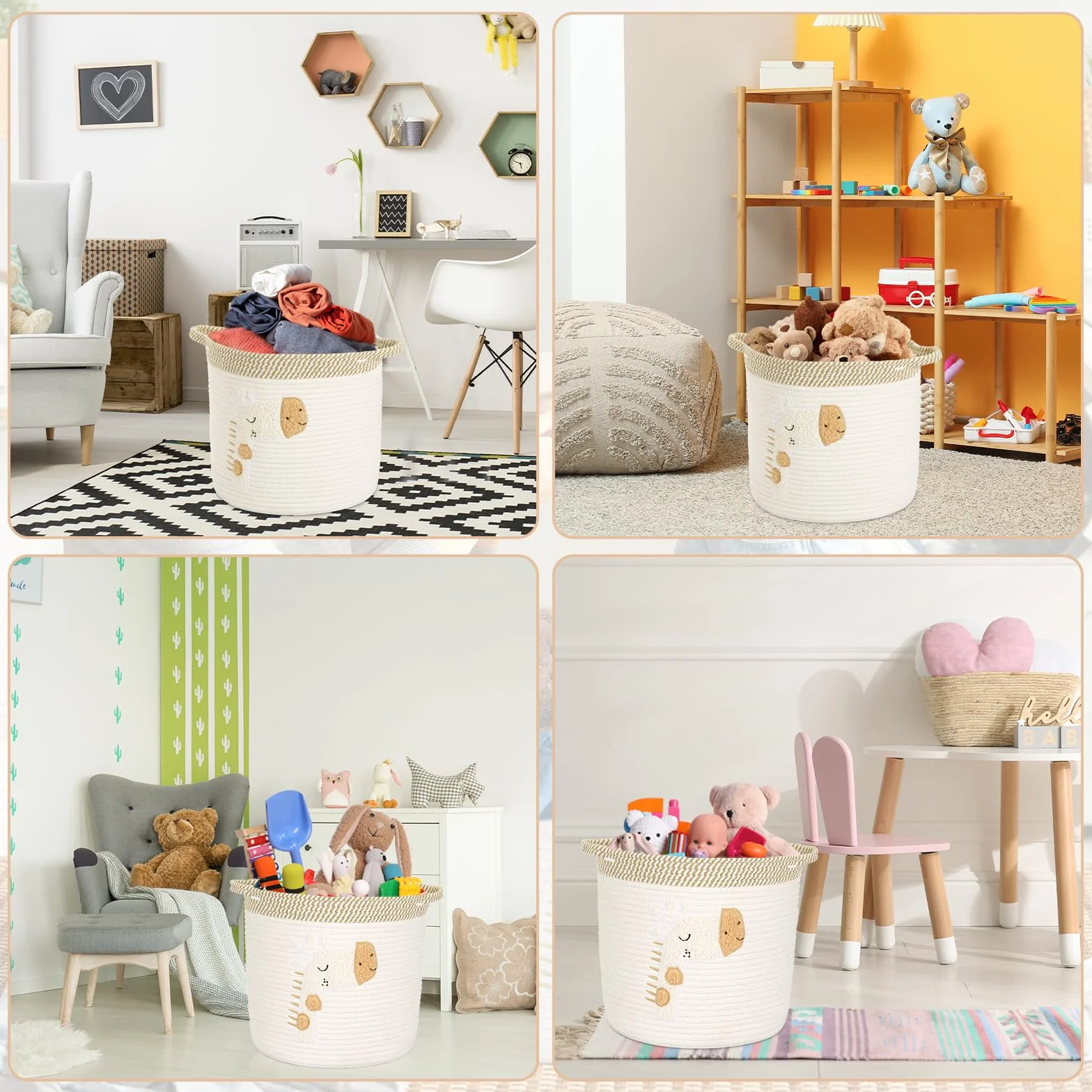 Cesta de Cuerda de Algodón Infantil Almacenamiento Juguetes con Asa Beige Jirafa 30x30cm