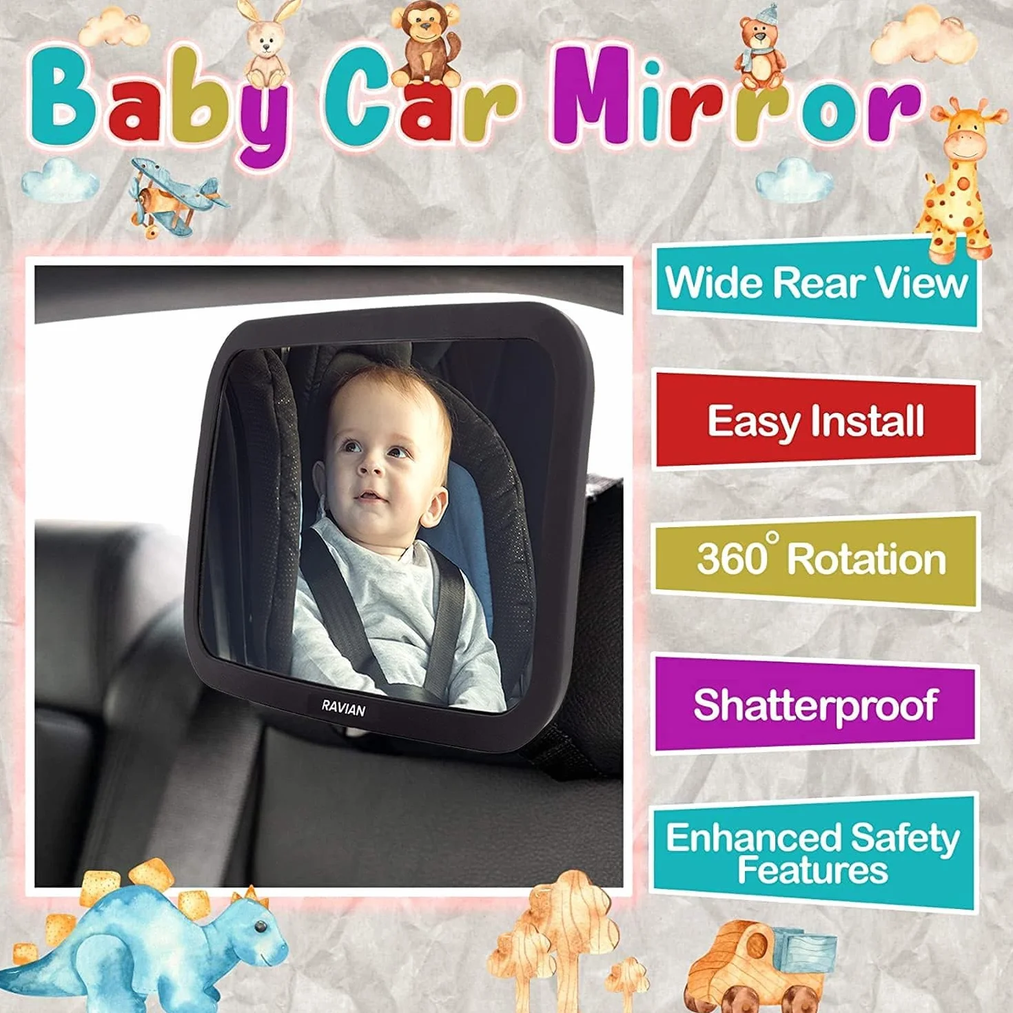 RAVIAN Espejo de coche para bebé para asiento trasero - Espejo de asiento más seguro con vista cristalina, a prueba de roturas, ajustable (paquete de 1)
