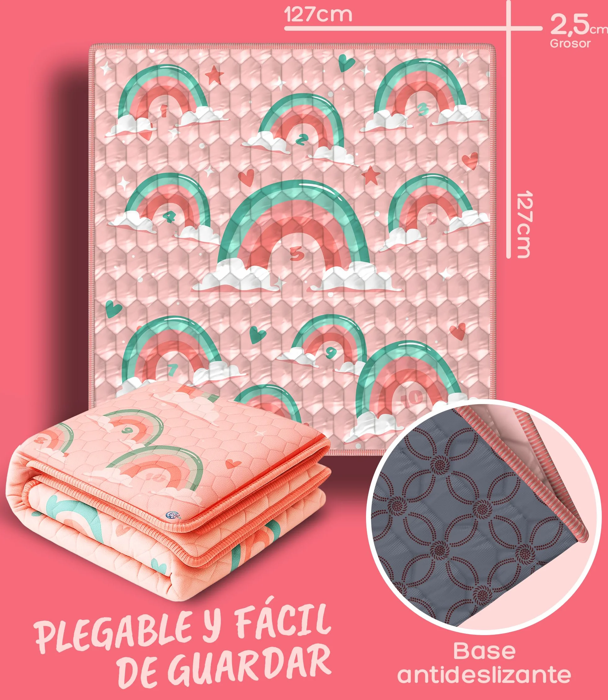 Alfombra Bebe Acolchada 120x120 cm Plegable Antideslizante y Lavable Juegos y Gateo para Suelo Tapete Suave Actividades Montessori Estimulacion Sensorial Infantil Valbabycare