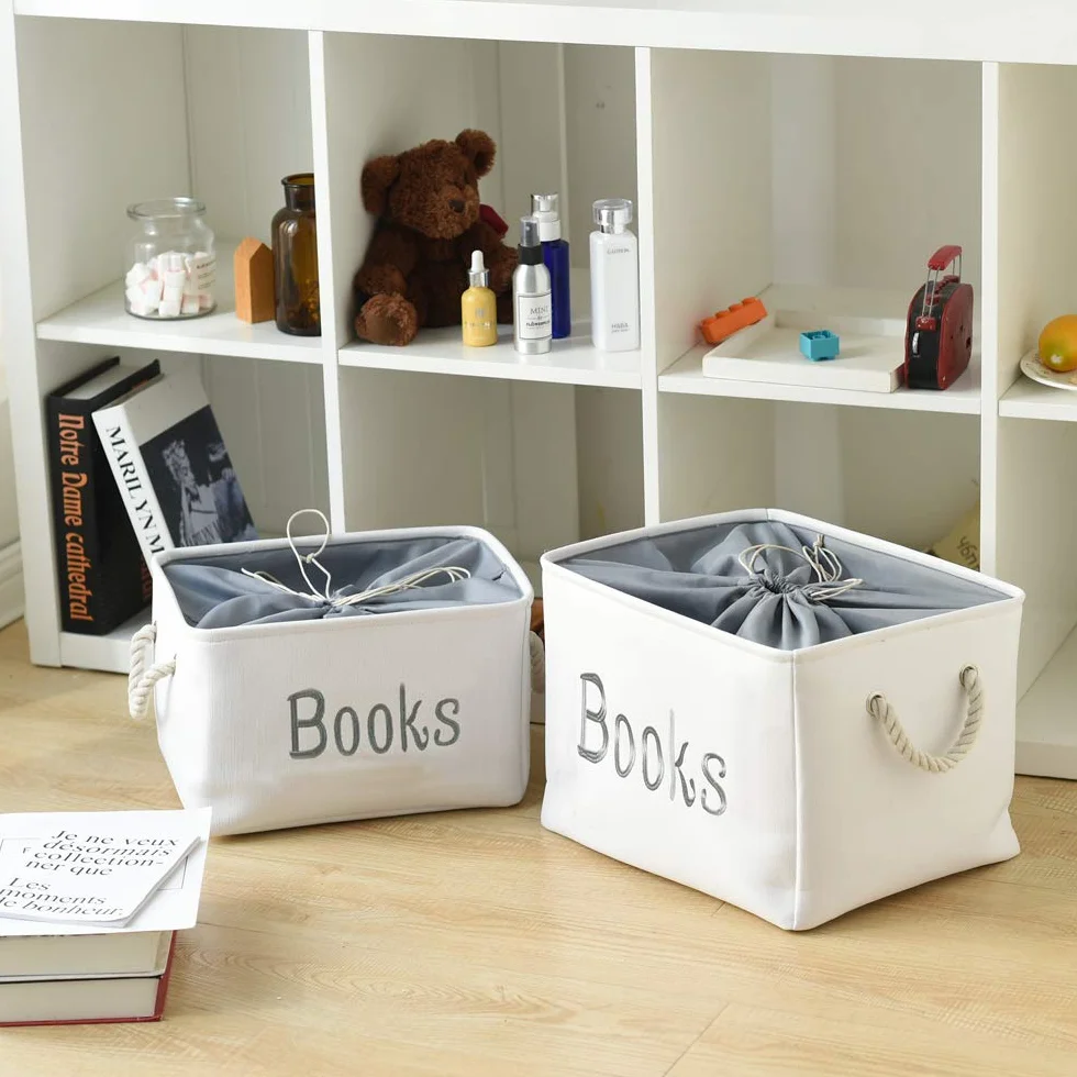 Cesta de Libros para Niños, Organizador de Almacenamiento Plegable con Cierre de Cordón