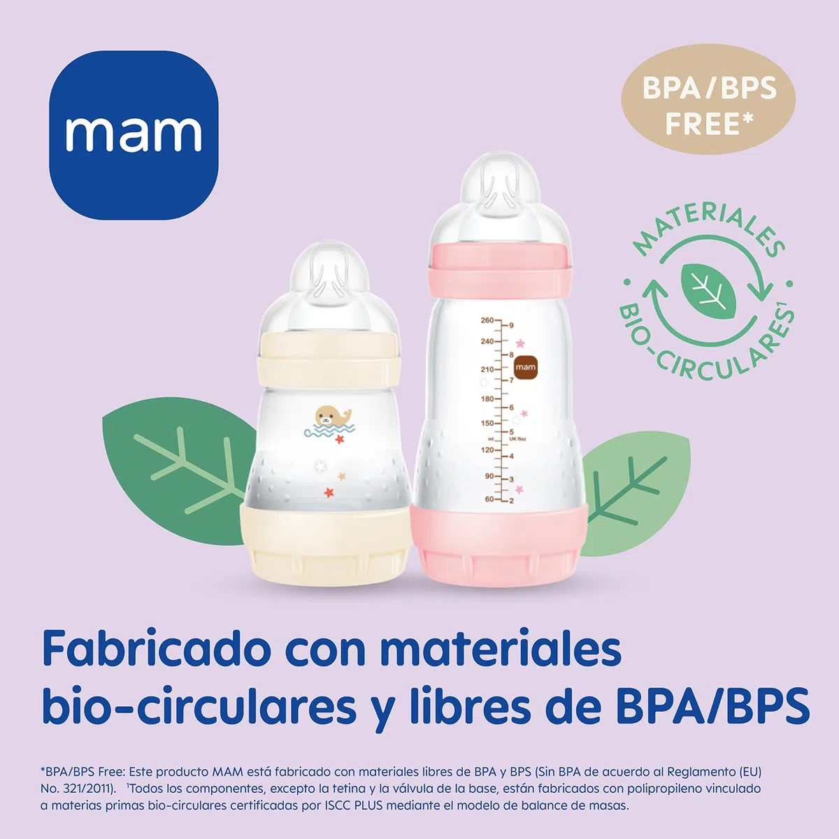 MAM Pack 2 Biberones Anticólicos, 2-4 Meses, 260ml, con con Tetina 2 Flujo Medio de Silicona de Fácil Aceptación, Autoesterilizable y Fácil de Limpiar, MAM Easy Start Anti-Colic, Neutro Mate, 2uds