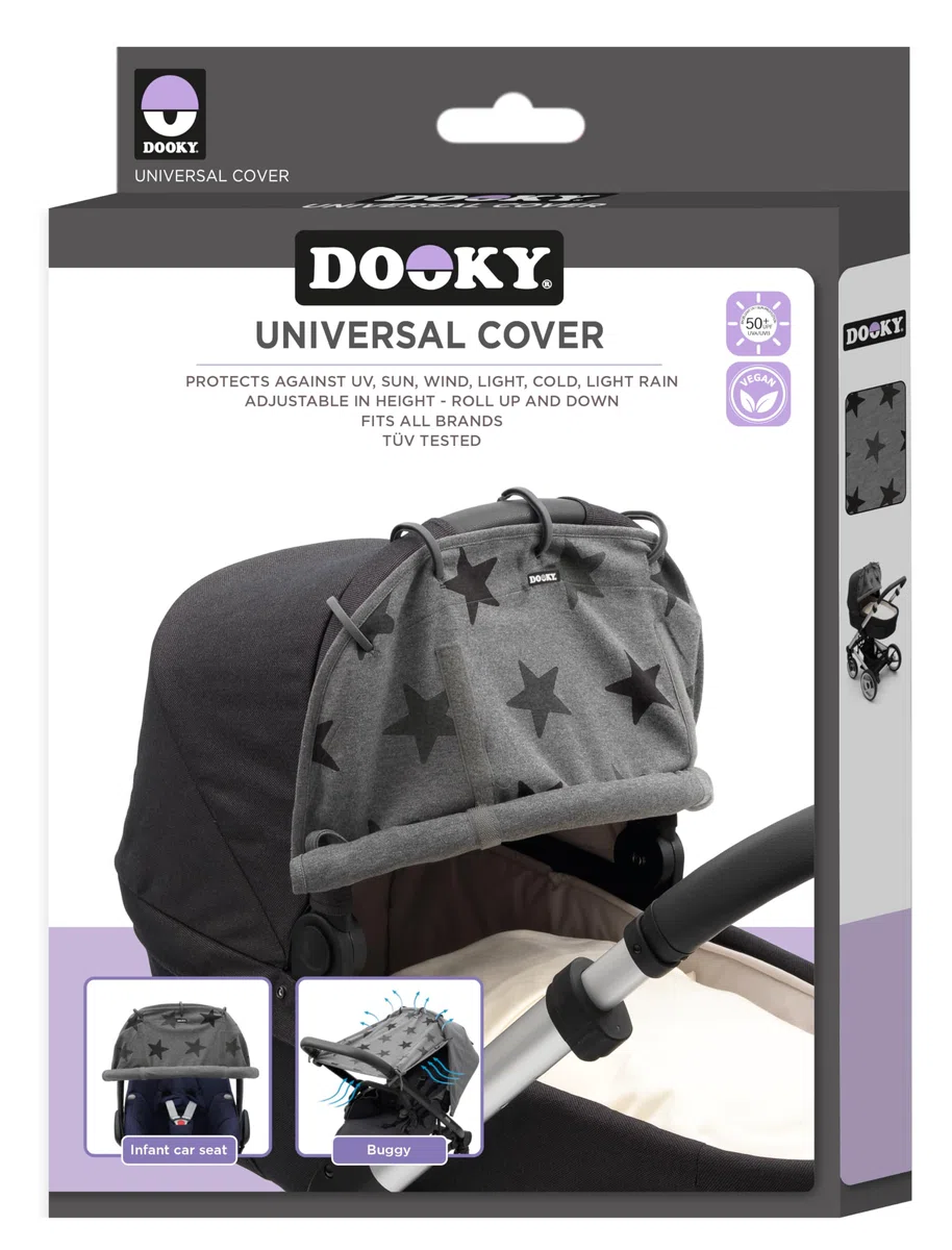 Dooky Universal Cover Grey Stars Protección Solar, Protección Climática Para El Asiento Del Bebé en el Coche y La Silla de Paseo (Protección Uv Spf 40+, Tüv Probado, Ajuste Universal), Gris