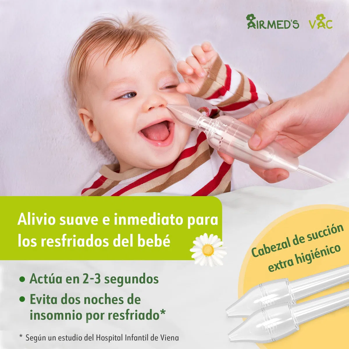 Airmed's Vac Aspirador nasal bebés. Clínicamente probado, seguro y suave | Nariz despejada en 3 segundos. Con 2 cabezales de succión y cepillo de limpieza incluido. Apto para todas las aspiradoras