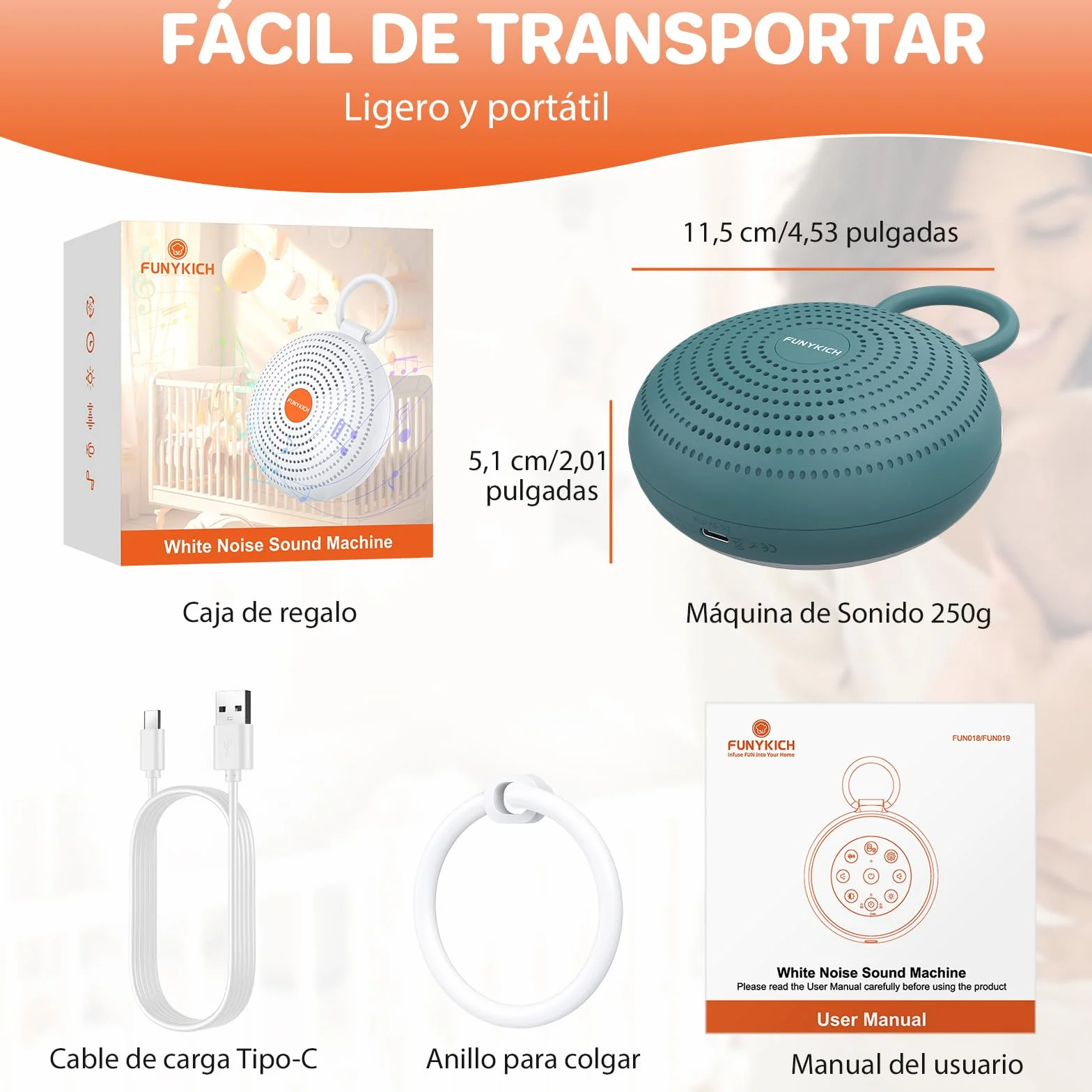 FUNYKICH Máquina de Ruido Blanco Portátil 24 Sonidos para Bebé con Memoria y Grabación Luz Nocturna Brillo Ajustable Batería Recargable