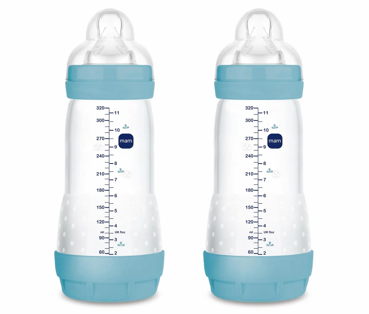 MAM Pack 2 Biberones Anticólicos, a partir de 4 Meses, 320ml, con Tetina 3 Flujo Rápido de Fácil Aceptación, Autoesterilizable y Fácil de Limpiar, MAM Easy Start Anti-Colic, Azul Mate, Pack de 2uds