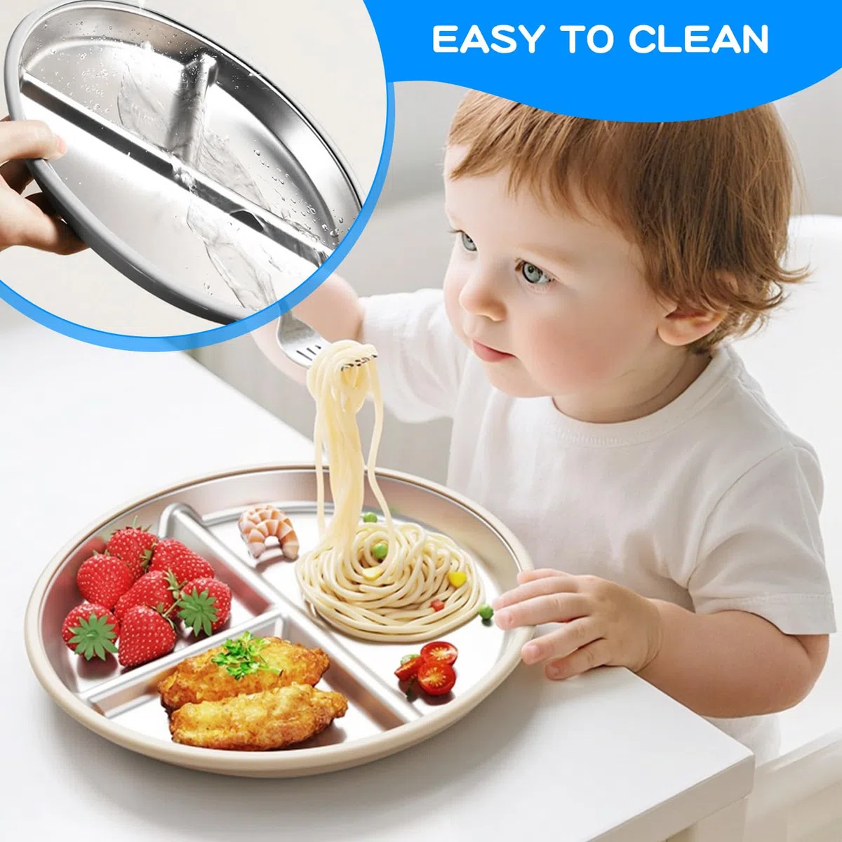 2 PièCes Assiettes En Acier Inoxydable Avec Ventouse BéBé Avec Un Lot De 2 CuillèRes Et Fourchettes, Ustensiles Pour Tout-Petits, Set Repas AntidéRapant Pour BéBéS Et Tout-Petits (Gris + Beige)