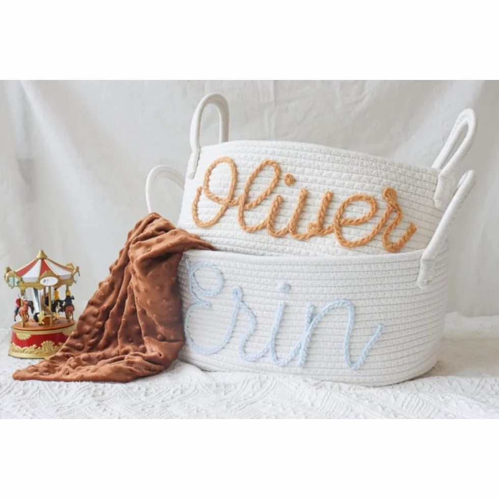 Cesta de almacenamiento personalizada cuerda algodón nombre bebé niño 40x24x15 cm