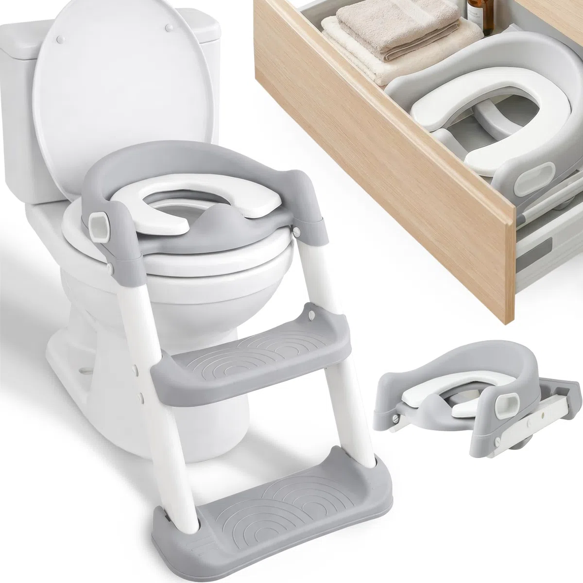 Almar Baby Adaptador WC para Niños con Escalera Reductor de Inodoro Asiento WC de Niños con Escalera Antideslizante Plegable con Cojín Gris
