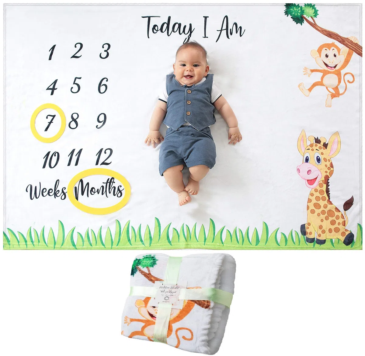 ODOXIA Manta Mensual De Hito para Bebé, Unisex | Manta Mensual De Bebé para Fotos | Regalos Personalizados para Futuras Mamás | Registra Su Edad Y Crecimiento | Suave, Gruesa Y Grande