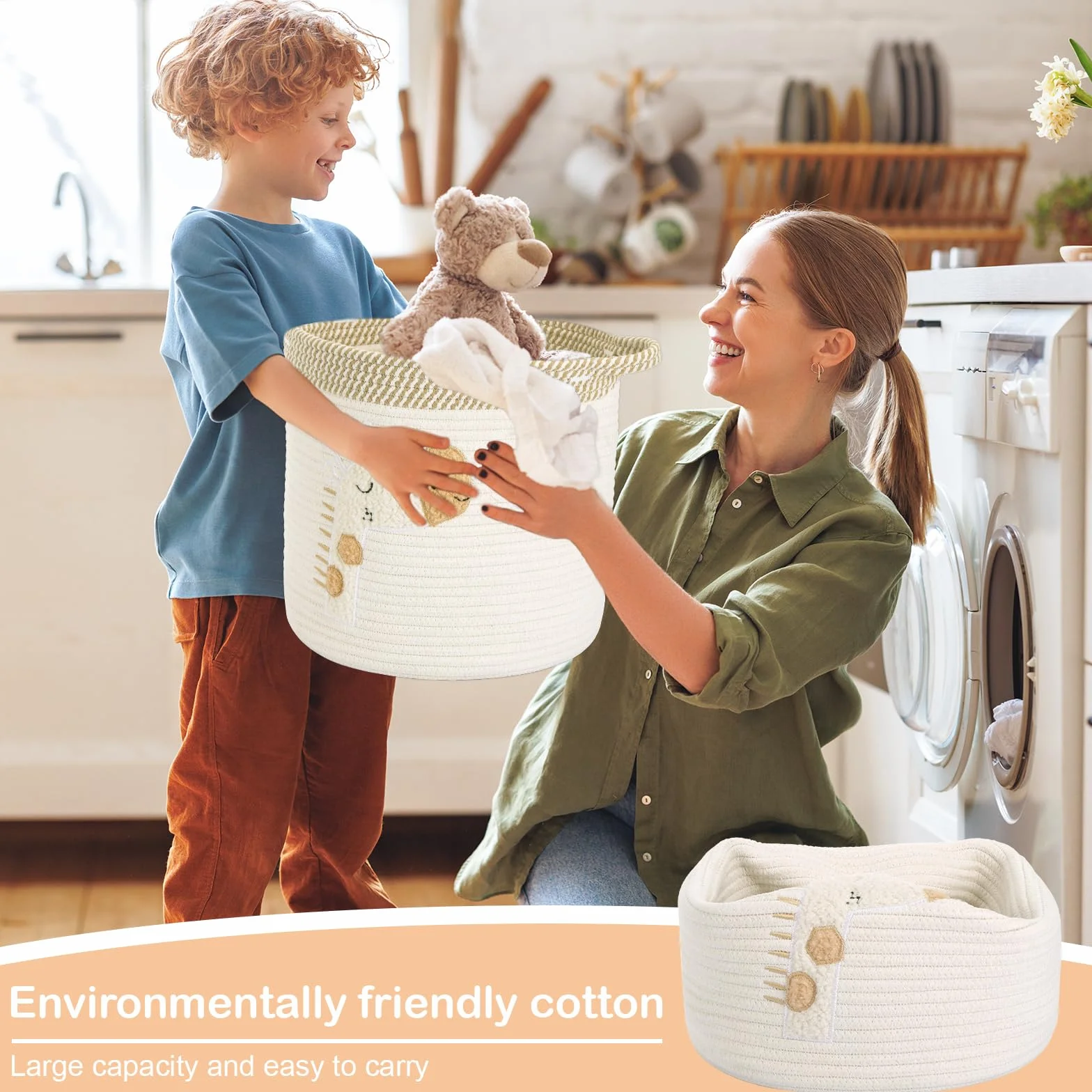 Cesta de Cuerda de Algodón Infantil Almacenamiento Juguetes con Asa Beige Jirafa 30x30cm