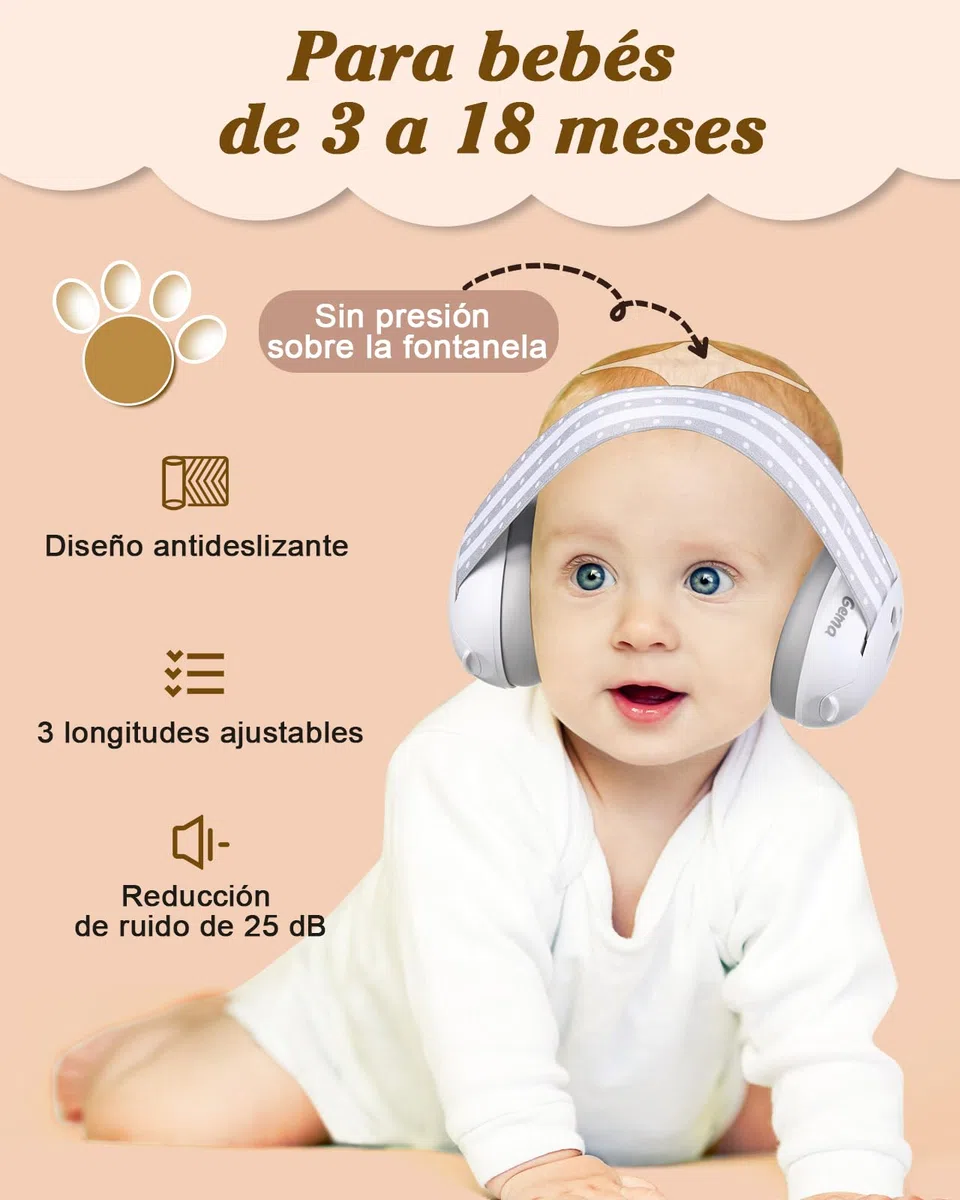 Lilian&Gema 2 en 1 Cascos Bebe Antiruido-Protectores auditivos para bebés,Diadema Ajustable, Antideslizante y sin Presión.Protección auditiva ideal para bebés de hasta 48 meses de edad