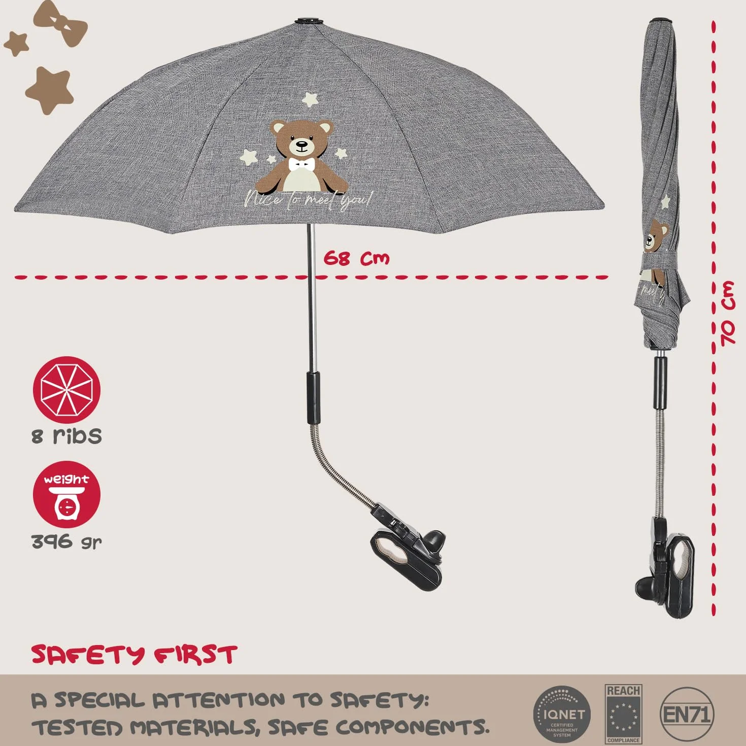 PERLETTI Sombrilla Carro Bebe Universal Anti UV con Osito - Mini Paraguas Cochecito Niño Niña Protección Solar Apertura Manual - Sombrilla Lluvia para Carrito Silla de Paseo - Diámetro 68 cm (Osito)