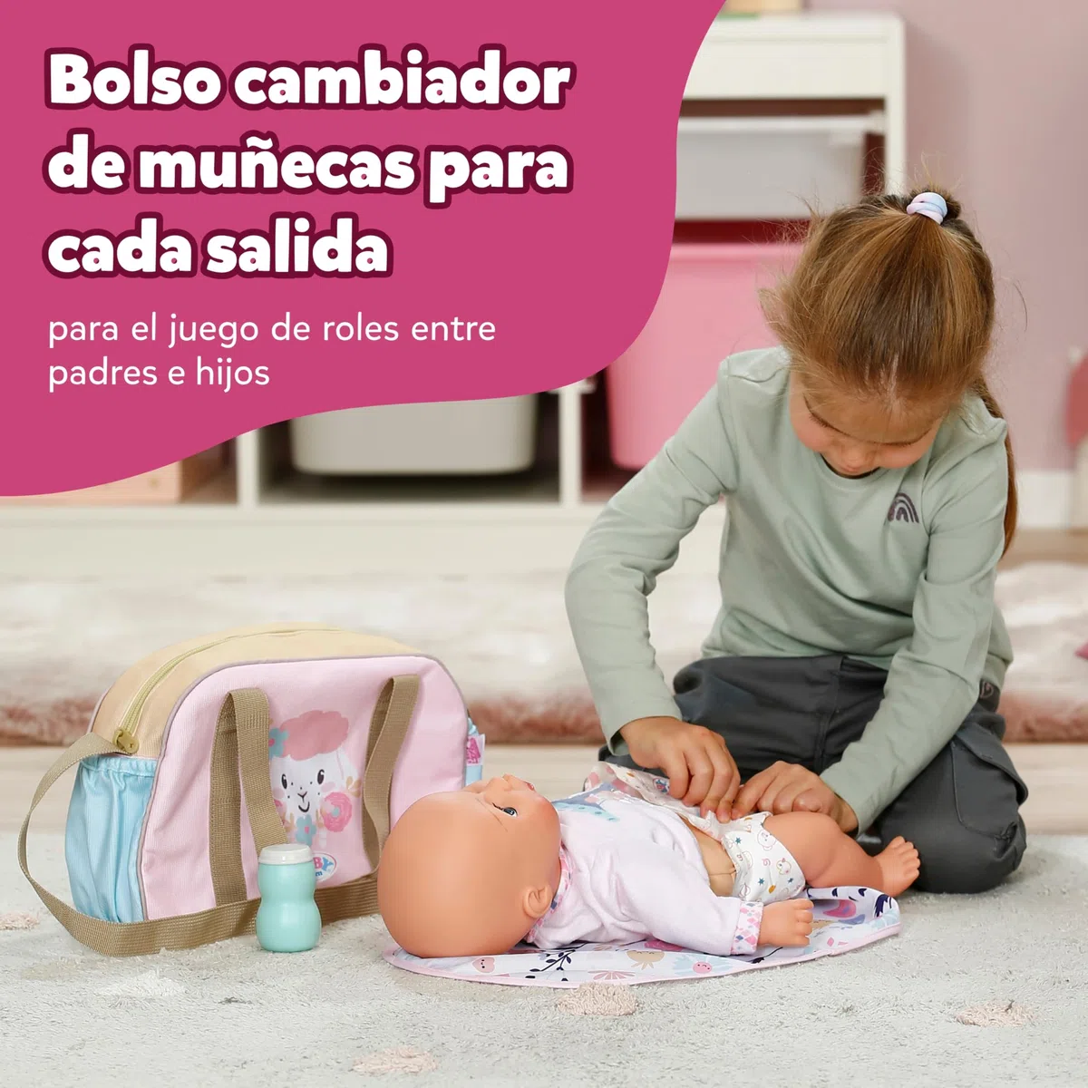 Baby Born Bolso cambiador – Bolso para muñecas con diseño floral – Incluye cambiador, pañal & bote de talco – Accesorio para muñecas de 36 cm & 43 cm