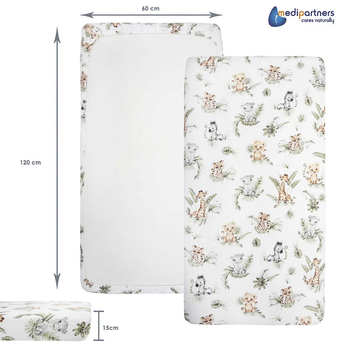 Medi Partners Sabana Bajera Cuna 60x120 Set de 3-100% Algodon Sabanas de Algodón Bebe Ropa de Cama para Bebés Dormir Cuna Fitted Bed Sheet Protector (Safari-Blanco-Gris)