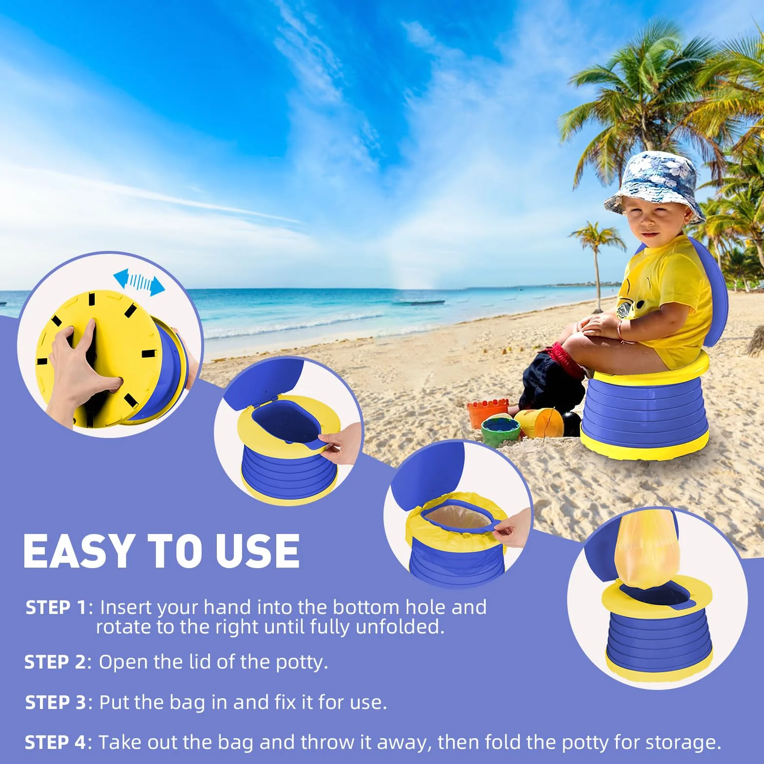 WC Portatil Niños Orinal Plegable Vater Inodoro Plegable Orinales Infantiles Bacio Portátil Urinal Potty Training Niño Penico Vasenilla Niña + 60PCS Bolsas Orinal Portatil para Viaje Camping (Azul)