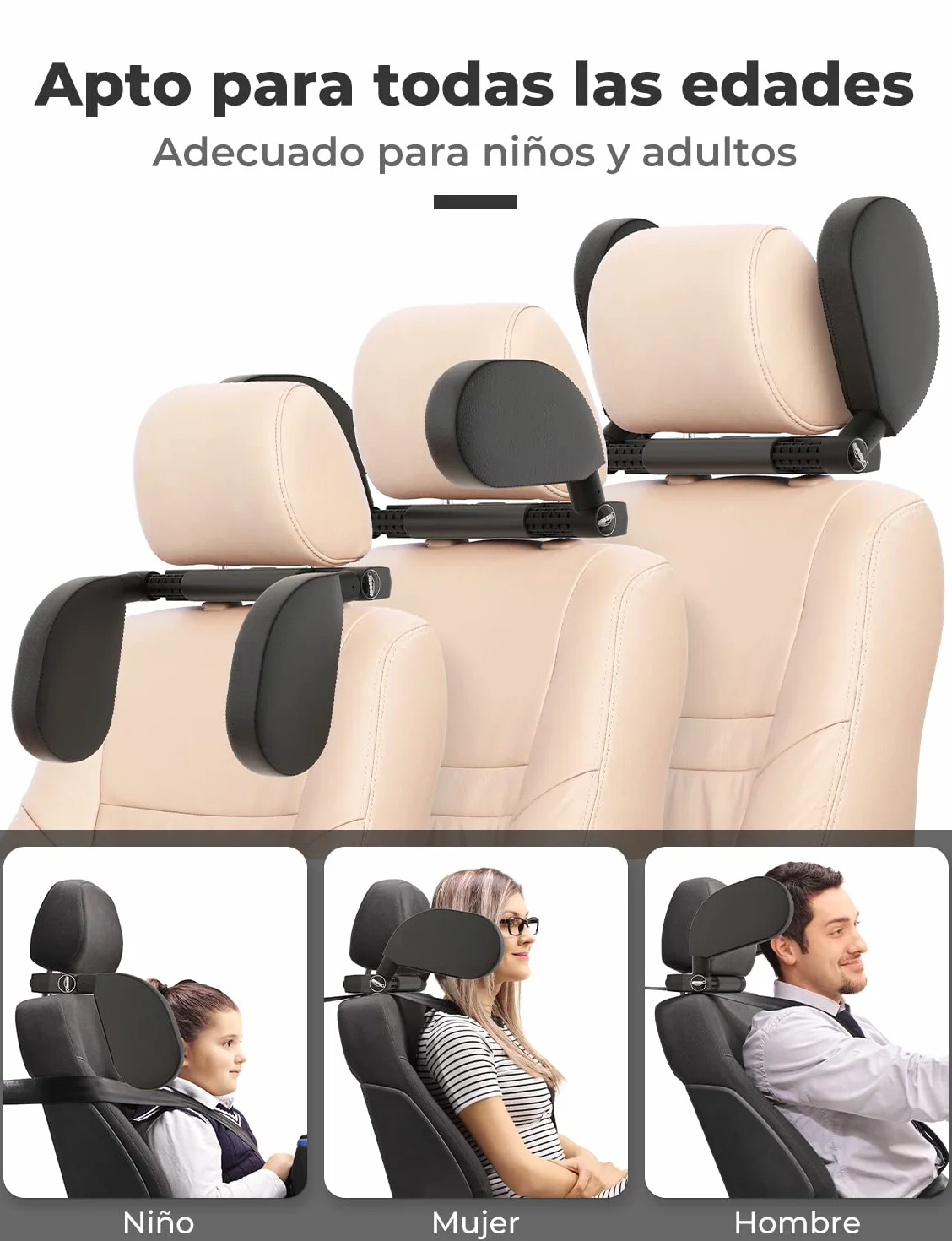 Oasser Reposacabezas Coche 360 Grados Ajustable Cuero Transpirable Negro