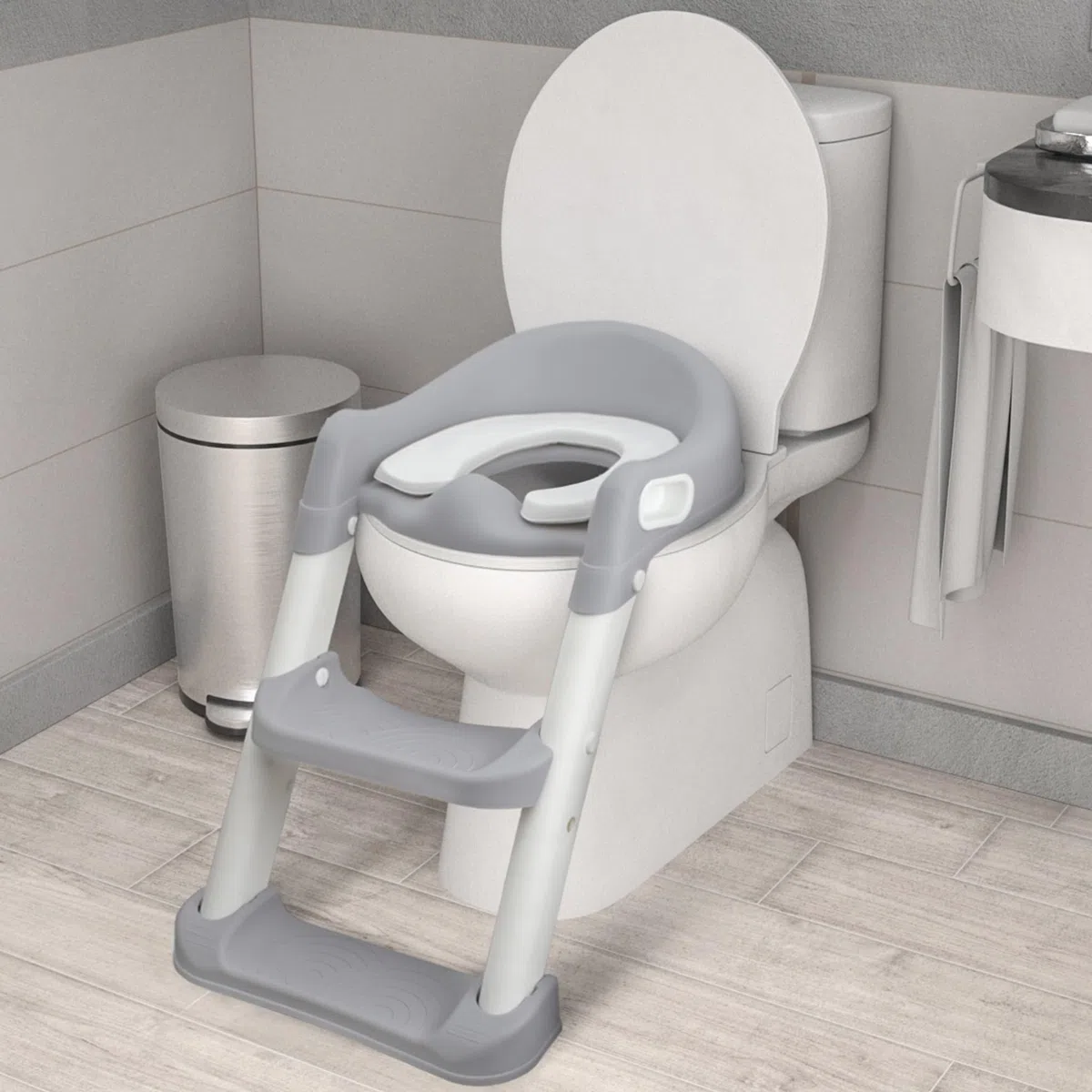 Almar Baby Adaptador WC para Niños con Escalera Reductor de Inodoro Asiento WC de Niños con Escalera Antideslizante Plegable con Cojín Gris