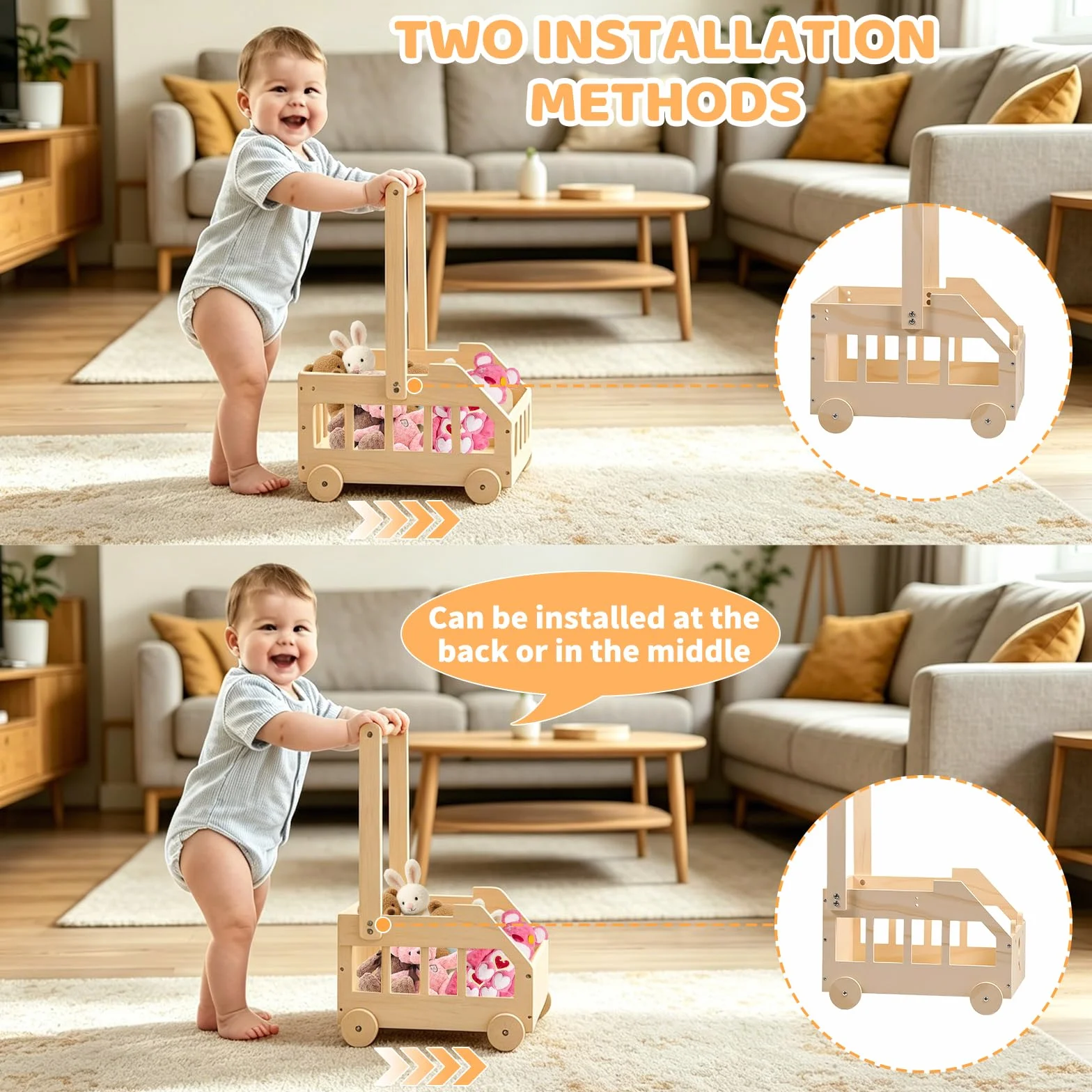 Cesta de Madera para Bebé con Perchero y Ruedas, Canastilla Baby Shower, Diseño Osito, Color Natural