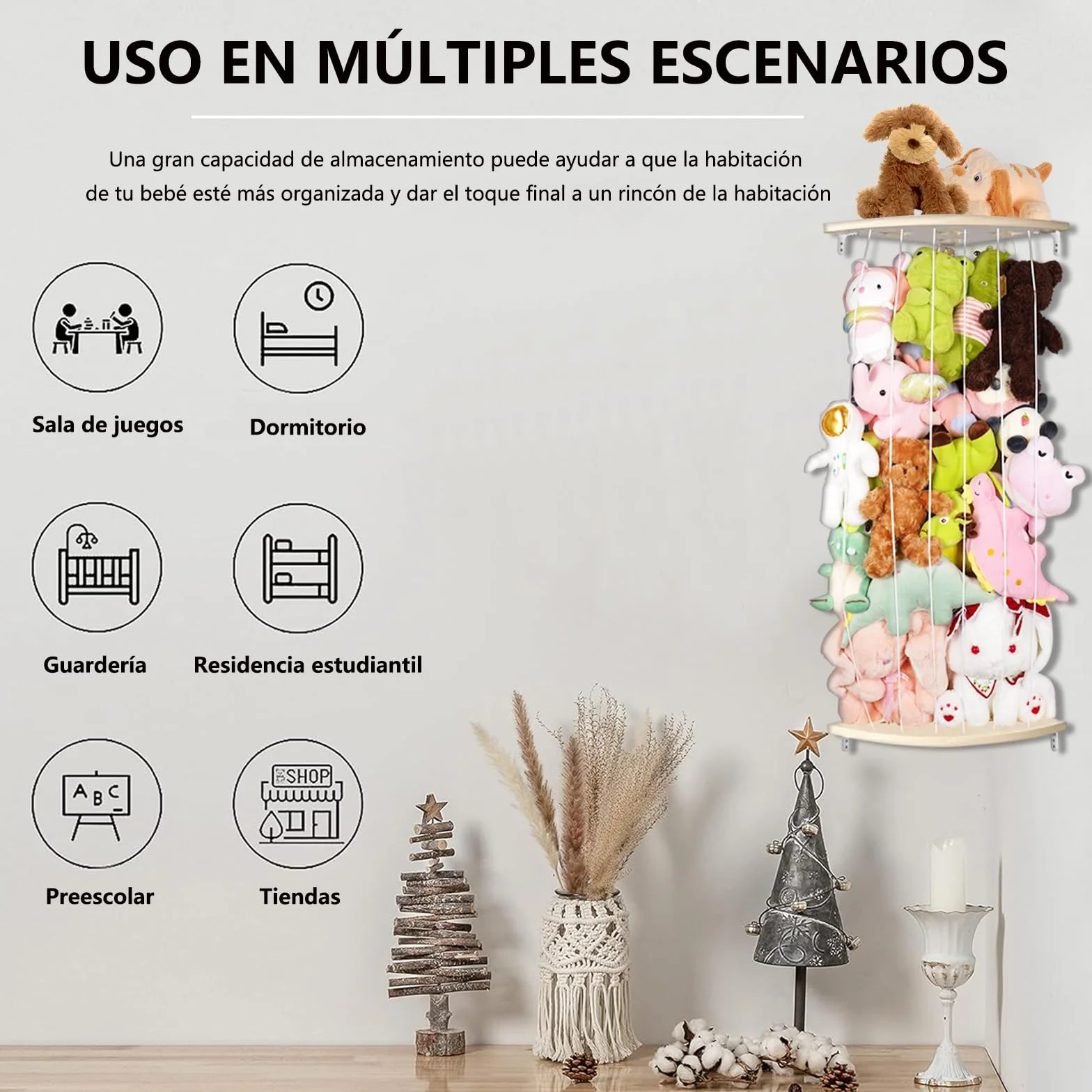 Almacenamiento de animales de peluche, estante de madera para dormitorio infantil