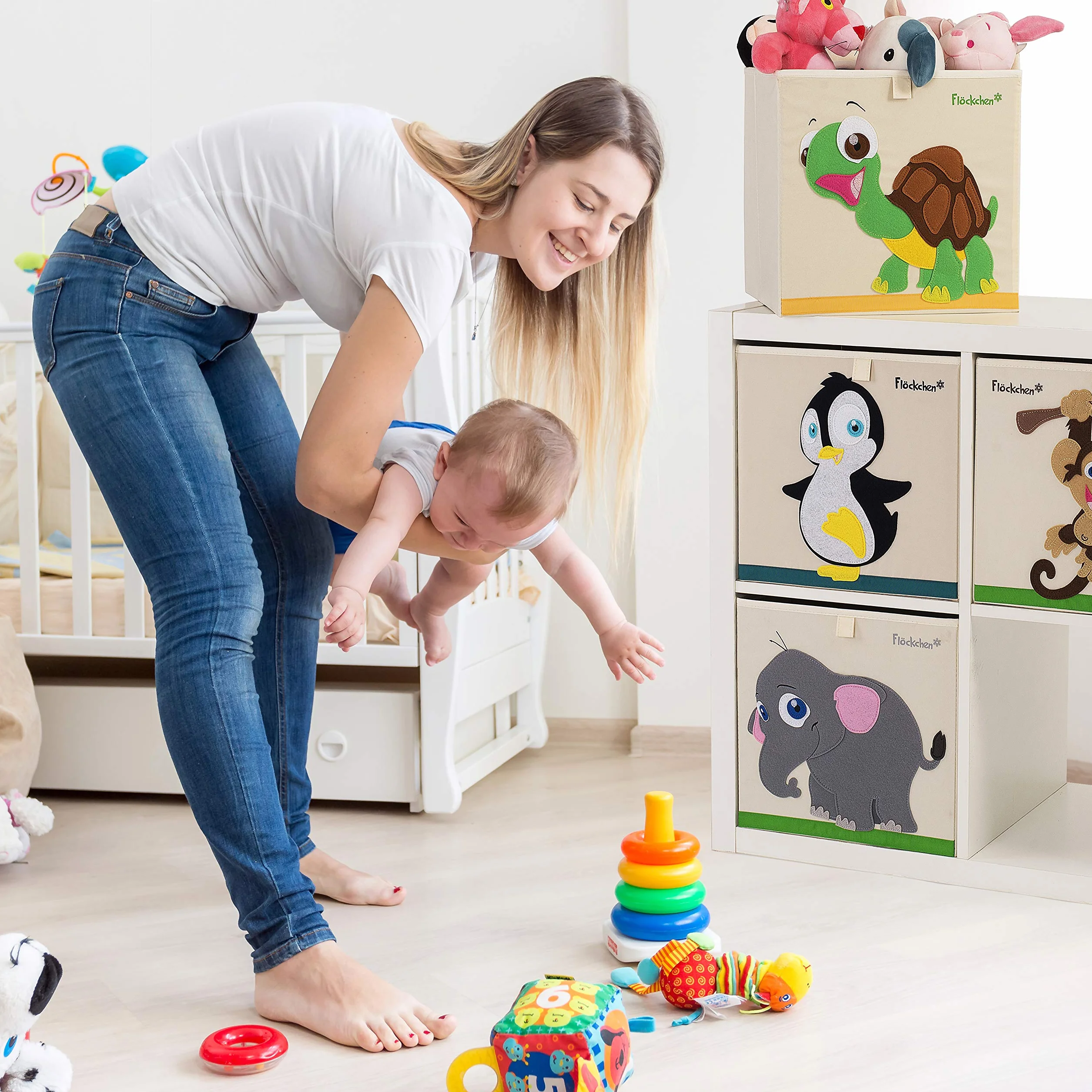 Caja de almacenamiento infantil con diseño de animales Polly el pingüino 33x33x33 cm para estante Kallax