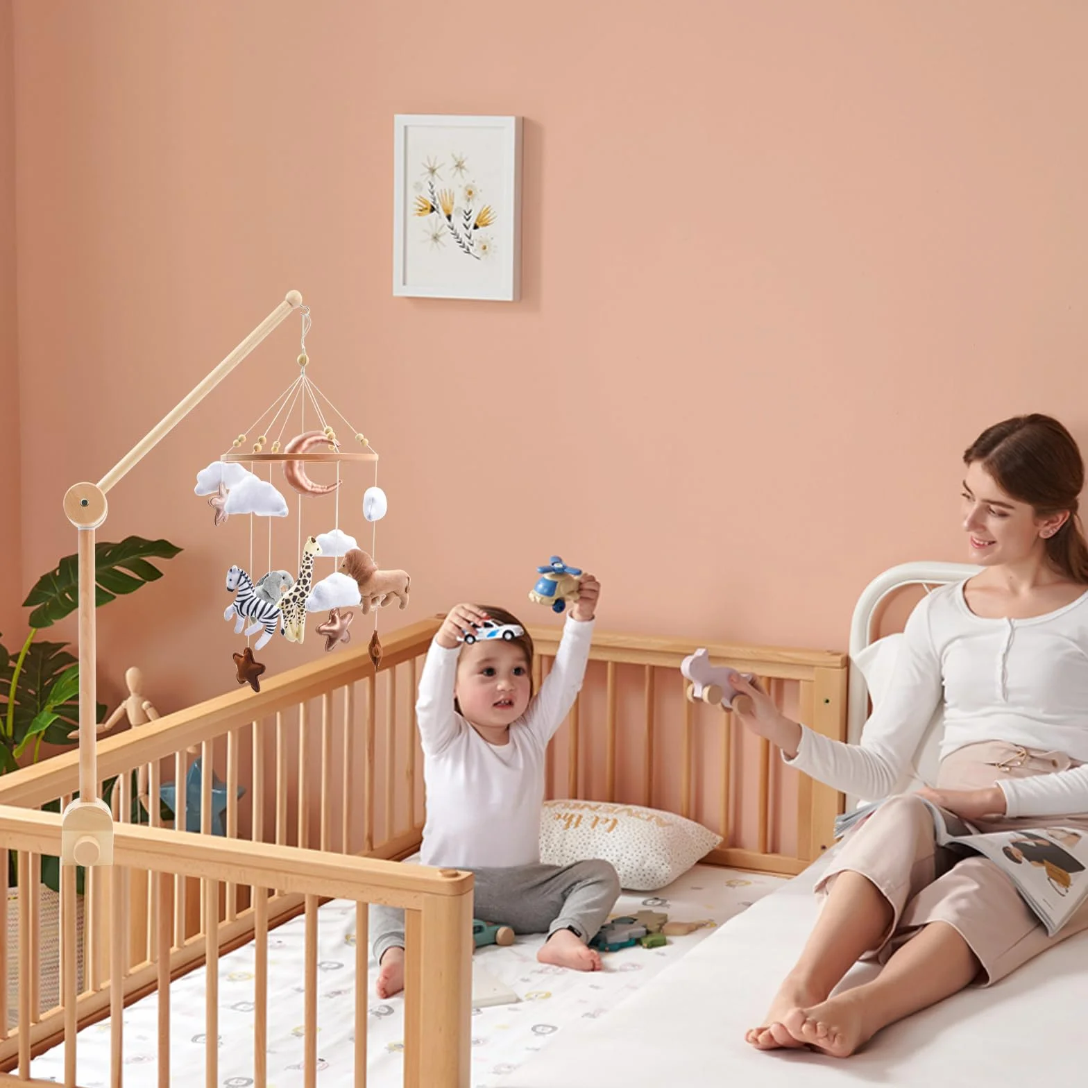 Soporte móvil para bebé, Soporte Móvil Cuna de Madera, Altura Ajustable Carrusel Cuna Bebe, Percha para Móvil de Bebé Extraíble, para Colgar Campanas de Viento Campana de Cama Juguetes