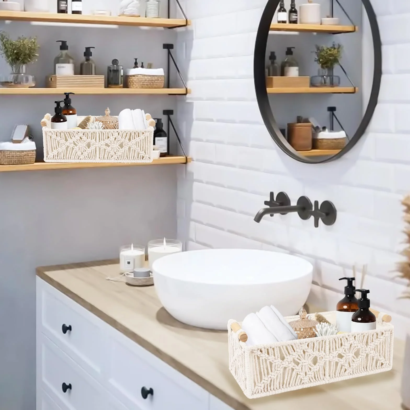 Cestas de Almacenamiento de Macramé Hechas a Mano, Decoración Bohemia, Caja Tejida con Asa, Cesta Trenzada para Baño, Dormitorio, Salón (Blanco Algodón)